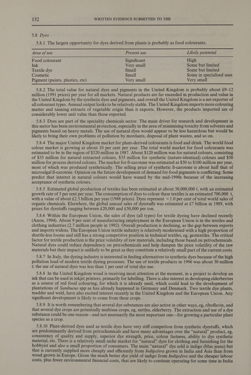  5.8 Dyes 5.8.1 The largest opportunity for dyes derived from plants is probably as food colourants.  Area of use Present use Likely potential Food colourant Significant High Ink Very small Some but limited Textile dye Small Some but limited Cosmetic Small Some in specialised uses Pigment (paints, plastics, etc) Very small Very small 5.8.2 The total value for natural dyes and pigments in the United Kingdom is probably about £9-12 million (1991 prices) per year for all markets. Natural products are far exceeded in production and value in the United Kingdom by the synthetic dyes and pigments, and overall the United Kingdom is a net exporter of all colourant types. Annual output looks to be relatively stable. The United Kingdom imports more colouring matter and tanning extracts of vegetable origin than it exports. However, the products imported are of considerably lower unit value than those exported. 5.8.3 Dyes are part of the speciality chemicals sector. The main driver for research and development in this sector has been environmental protection, especially in the area of minimising toxicity from solvents and pigments based on heavy metals. The use of natural dyes would appear to be less hazardous but would be likely to bring their own problems of pollution by mordants, disposal of plant wastes, and so on. 5.8.4 The major United Kingdom market for plant-derived colourants is food and drink. The world food colour market is growing at about 10 per cent per year. The total world market for food colourants was estimated to be in the region of $320 million in 1987. About $120 million was for natural colours, consisting of $35 million for natural extracted colours, $35 million for synthetic (nature-identical) colours and $50 million for process derived colours. The market for B-carotene was estimated at $50 to $100 million per year, most of which was produced synthetically. The selling price of synthetic B-carotene is about half that of microalgal B-carotene. Opinion on the future development of demand for food pigments is conflicting. Some predict that interest in natural colours would have waned by the mid-1990s because of the increasing acceptance of synthetic colours. 5.8.5 Estimated global production of textiles has been estimated at about 30,000,000 t, with an estimated growth rate of 3 per cent per year. The consumption of dyes to colour these textiles is an estimated 700,000 t, with a value of about £2.5 billion per year (1988 prices). Dyes represent &lt; 1.0 per cent of total world sales of organic chemicals. Elsewhere, the global annual sales of dyestuffs was estimated at £7 billion in 1989, with prices for dyestuffs ranging between £20,000 and £50,000 per ton. 5.8.6 Within the European Union, the sales of dyes (all types) for textile dyeing have declined recently (Anon, 1994). About 9 per cent of manufacturing employment in the European Union is in the textiles and clothing industries (2.7 million people in 1992). Overall production is declining, as the gap between exports and imports widens. The European Union textile industry is relatively modernised with a high proportion of shuttle-less looms and still has a strong competitive position in technical textiles, eg, geotextiles. The critical factor for textile production is the price volatility of raw materials, including those based on petrochemicals. Natural dyes could reduce dependency on petrochemicals and help dampen the price volatility of the raw materials but their impact is unlikely to be great as they constitute a relatively small part of the current costs. 5.8.7 In Italy, the dyeing industry is interested in finding alternatives to synthetic dyes because of the high pollution load of modern textile dyeing processes. The use of textile products in 1996 was about 30 million t; the use of natural dyes was less than | per cent of total dye use. 5.8.8 In the United Kingdom woad is receiving most attention at the moment, in a project to develop an ink that can be used in inkjet printers, primarily for labelling. There is also interest in developing elderberries as a source of red food colouring, for which it is already used, which could lead to the development of plantations of Sambucus spp as has already happened in Germany and Denmark. Two textile dye plants, madder and weld, have also excited interest recently in the United Kingdom and the European Union. Any significant development is likely to come from these crops. 5.8.9 It is worth remembering that several dye substances are also active in other ways, eg, riboflavin, and that several dye crops are potentially multiuse crops, eg, nettles, elderberry. The extraction and use of a dye substance could be one reason—and not necessarily the most important one—for growing a particular plant species as a crop. 5.8.10 Plant-derived dyes used as textile dyes have very stiff competiton from synthetic dyestuffs, which are predominantly derived from petrochemicals and have many advantages over the “natural” product, eg, consistency of quality and supply, superior dye strength, price, colour fastness, ability to dye synthetic material, etc. There is a relatively small niche market for “natural” dyes for clothing and furnishing for the hobbyist and also a small proportion of consumers. The main “natural” dye sold is indigo (blue jeans) but that is currently supplied more cheaply and efficiently from Jndigofera grown in India and Asia than from woad grown in Europe. Given the much better dye yield of indigo from Indigofera and the cheaper labour costs, plus fewer environmental financial costs, that are likely to continue operating for some time in India