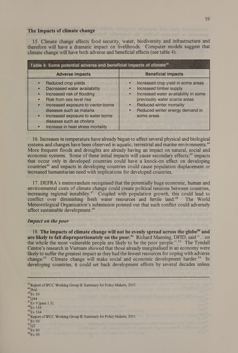 The Impacts of climate change 15. Climate change affects food security, water, biodiversity and infrastructure and therefore will have a dramatic impact on livelihoods. Computer models suggest that climate change will have both adverse and beneficial effects (see table 4). . Increased risk of flooding Increased water availability in some Risk from sea level rise previously water scarce areas Increased exposure to vector-borne Reduced winter mortality diseases such as malaria Reduced winter energy demand in Increased exposure to water borne some areas diseases such as cholera Increase in heat stress mortality  16. Increases in temperature have already begun to affect several physical and biological systems and changes have been observed in aquatic, terrestrial and marine environments.“ More frequent floods and droughts are already having an impact on natural, social and economic systems. Some of these initial impacts will cause secondary effects;*° impacts that occur only in developed countries could have a knock-on effect on developing countries*° and impacts in developing countries could cause population displacement or increased humanitarian need with implications for developed countries. 17. DEFRA’s memorandum recognised that the potentially huge economic, human and environmental costs of climate change could create political tensions between countries, increasing regional instability.*’ Coupled with population growth, this could lead to conflict over diminishing fresh water resources and fertile land.** The World Meteorological Organization’s submission pointed out that such conflict could adversely affect sustainable development.” Impact on the poor 18. The impacts of climate change will not be evenly spread across the globe” and are likely to fall disproportionately on the poor.*’ Richard Manning, DFID, said “*...on the whole the most vulnerable people are likely to be the poor people.”.°* The Tyndall Centre’s research in Vietnam showed that those already marginalised in an economy were likely to suffer the greatest impact as they had the fewest resources for coping with adverse change.*> Climate change will make social and economic development harder.** In developing countries, it could set back development efforts by several decades unless Report of IPCC Working Group II: Summary for Policy Makers, 2001 “Ibid. ‘Ey 59 46044 By 9 [para 1.3] *SEv 155 Ev 164 Report of IPCC Working Group II: Summary for Policy Makers, 2001 = BY 59 702 Sy 60 Ey 59