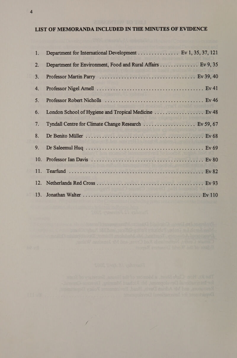 1. Department for International Development ............... Ev 1, 35, 37, 121 2. Department for Environment, Food and Rural Affairs.............. Ev 9, 35 3... \Professor:Martin Parryoc 25.29 ae) DS, Te, Ev 39, 40 4... Professor Nigel) Amellis.ay..!00l)... 2066 4 ae ds os ole oe ee Ev 41 5:) \«Professor Robert:Nichollsuiney). ... 502 i sesso = 0 os 0 ee ee Ev 46 6. London School of Hygiene and Tropical Medicine .................. Ev 48 7. Tyndall Centre for Climate Change Research ................... Ev 59, 67 8. Dr Benito\Miiller. 2'y. 208 (89% .2Pmah XIAP, 1ePLOT, A ee Ev 68 9. weDriSaleemul Hugs sneary.... 2. oe ca ee a wa ae ct Ev 69 10.) Professor Ian‘Davisit\.'20-0.1D. UeTOYUL, 289227), QUE 2 SPREE Ev 80 Vl. .Tearfund p020% Sling Og Ata Rae 369 eee ee Ev 82 12. Netherlands:Red Cross'j2it!.tnclaO. walled, Goes Ix, Soa Ev 93
