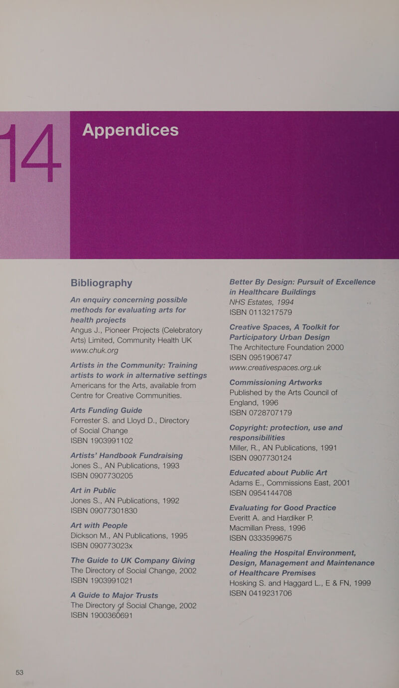  Bibliography An enquiry concerning possible methods for evaluating arts for health projects Angus J., Pioneer Projects (Celebratory Arts) Limited, Community Health UK www.chuk.org Artists in the Community: Training artists to work in alternative settings Americans for the Arts, available from Centre for Creative Communities. Arts Funding Guide Forrester S. and Lloyd D., Directory of Social Change ISBN 1903991102 Artists’ Handbook Fundraising Jones S., AN Publications, 1993 ISBN 0907730205 Art in Public Jones S., AN Publications, 1992 ISBN 09077301830 Art with People Dickson M., AN Publications, 1995 ISBN 090773023x The Guide to UK Company Giving The Directory of Social Change, 2002 ISBN 1903991021 A Guide to Major Trusts The Directory 9f Social Change, 2002 ISBN 1900360691  Better By Design: Pursuit of Excellence in Healthcare Buildings NHS Estates, 1994 ISBN 0113217579 Creative Spaces, A Toolkit for Participatory Urban Design The Architecture Foundation 2000 ISBN 0951906747 www. creativespaces.org.uk Commissioning Artworks Published by the Arts Council of England, 1996 ISBN 0728707179 Copyright: protection, use and responsibilities Miller, R., AN Publications, 1991 ISBN 0907730124 Educated about Public Art Adams E., Commissions East, 2001 ISBN 0954144708 Evaluating for Good Practice Everitt A. and Hardiker P. Macmillan Press, 1996 ISBN 0333599675 Healing the Hospital Environment, Design, Management and Maintenance of Healthcare Premises Hosking S. and Haggard L., E &amp; FN, 1999 ISBN 0419231706