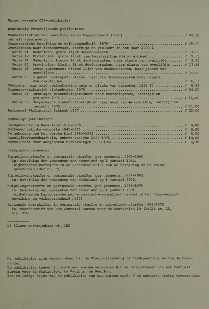 Enige verwante CBS-publikaties Regelmatig verschijnende publikaties: Maandstatistiek van bevolking en;volksgezondheid (1978) ...........eeesereee tate et MDO met als supplement: Hasroverzecnt bevolking en galksgezondheld (1976) ns pw ras es cterein in lsie dinteteid eten sen de ee f 16,00 Overledenen naar doodsoorzaak, leeftijd en geslacht in het jaar 1976 1) Serie Al Nederland: grote lijst doodsoorzaken ........... ER ke se oke ate elen aSala 1315 Serie Bl Nederland: kleine lijst doodsoorzaken, naar plaats van overlijden ...... 2,95 Serie B2 Provincies: kleine lijst doodsoorzaken, naar plaats van overlijden ..... D&gt; Serie B3 Grote gemeenten: kleine lijst van doodsoorzaken, naar plaats van oR Serie A2 Provincies: grote lijst van kwaadaardige nieuwvormingen .........e..ee-60- f 9,15 ey f Overlijden fer feels te ARA ts tat at ete rar Ave G Mitel ere eld wed le ole es Je bap OO Serie C 5 gemees.:egroepen: kleine lijst van doodsoorzaken naar plaats PAR LON Y EAS “PTD dla ptn te dt an AL ee be ade = tee NG WE Boie te Winte alina ate Ina Ten Tease Ho ly LD Geborenen naar aard verloskundige hulp en plaats van geboorte, 1976 1) ............. TROIS te eistiekntekenhutmen: L975 states senaten He etele nier aisle e winti ete doses ee eef 24,50 Serie Hl Ontslagen ziekenhuispatiënten naar hoofddiagnose, leeftijd en Seslacit NE 7 ord) Bees ae ANG ANDRE baie etn he ve) SARA ate se er knee he klare oale ate td odes OO Serie H2 Geopereerde ziekenhuispatiënten naar aard van de operatie, leeftijd en Pesach, LOPE: Jeker we ste Pettelaar te arend Gis veele ME deel bina pieteiaatelarsia aie wel didl, OO CALCIO AT Waa icls:cie’w alate eis armel &amp; bruin ine lennie dente okto tn Aln ierse soe wietave'era ofa if 103,00 Eenmalige publikaties: EE NE LER LBL IY Ss nerd oe tdi ida ain ed ke GL &gt; ard em Wiel lakers ee eln'le soa w es eee dd 9,80 Buitenechtelijke geboorte 1840-1973 ...….....eeaseeeseetenesesee. Ed Wie! wide iet nn td. ip oO ER DOORLENVARNNeELIeers te Mandel 9 5O=L O72 Pareto eke isislslets le mis el alain elereletetelie a lalele uele u eintels oel aleln le A5 00 Huwelijksyruchtbaarheid, cohort—analyse 1937-1971... eeste ese sees dee veseseceseeeee Ff 19,00 NELLE door dangeboren misvormingen 1950-196) neten aleine delve alors ev stuh esse eseaes ee JF 6,70 Verspreide gegevens: Zuigelingensterfte en perinatale sterfte, per gemeente, 1956-1960 in: Bevolking der gemeenten van Nederland op 1 januari 1962. (bijbehorend kartogram in de Maandstatistiek van de bevolking en de volks- gezondheid 1962 nr. 7) Zuigelingensterfte en perinatale sterfte, per gemeente, 1961-1965 in: Bevolking der gemeenten van Nederland op 1 januari 1966. Zuigelingensterfte en perinatale sterfte, per gemeente, 1966-1970 in: Bevolking der gemeenten van Nederland op 1 januari 1971 (bijbehorende kartogrammen per economisch=geografisch gebied in het Jaaroverzicht bevolking en volksgezondheid 1970) Regionale verschillen in perinatale sterfte en zuigelingensterfte 1966/1970 in: Maandschrift van het Centraal Bureau voor de Statistiek 19 (1971) nr. 11, Bis, 995 1) Alleen verkrijgbaar bij CBS De publikaties zijn verkrijgbaar bij de Staatsuitgeverij te 's-Gravenhage en via de boek- handel. De publikaties kunnen in bruikleen worden verkregen uit de bibliotheken van het Centraal Bureau voor de Statistiek, te Voorburg en Heerlen. Een volledige lijst van de publikaties van ons bureau wordt U op aanvraag gratis toegezonden.