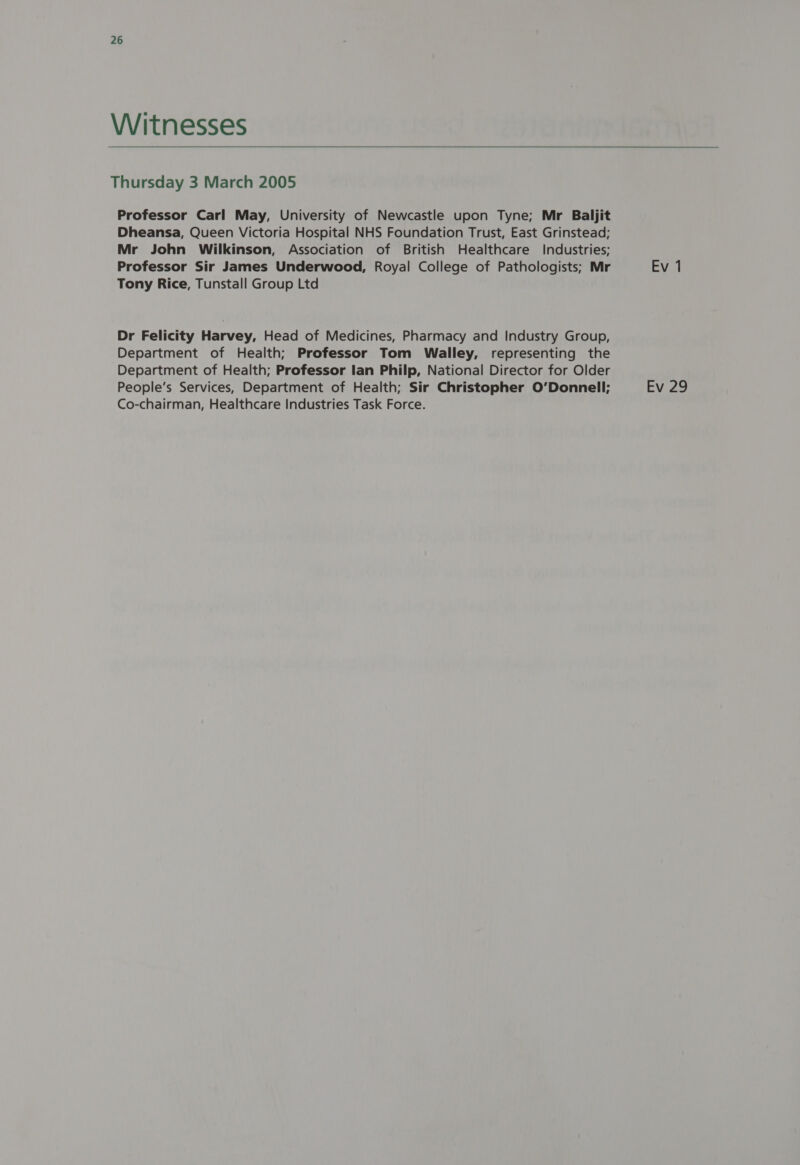Witnesses Thursday 3 March 2005 Professor Carl May, University of Newcastle upon Tyne; Mr Baljit Dheansa, Queen Victoria Hospital NHS Foundation Trust, East Grinstead; Mr John Wilkinson, Association of British Healthcare Industries; Professor Sir James Underwood, Royal College of Pathologists; Mr Ev 1 Tony Rice, Tunstall Group Ltd Dr Felicity Harvey, Head of Medicines, Pharmacy and Industry Group, Department of Health; Professor Tom Walley, representing the Department of Health; Professor lan Philp, National Director for Older People’s Services, Department of Health; Sir Christopher O’Donnell; Ev 29 Co-chairman, Healthcare Industries Task Force.