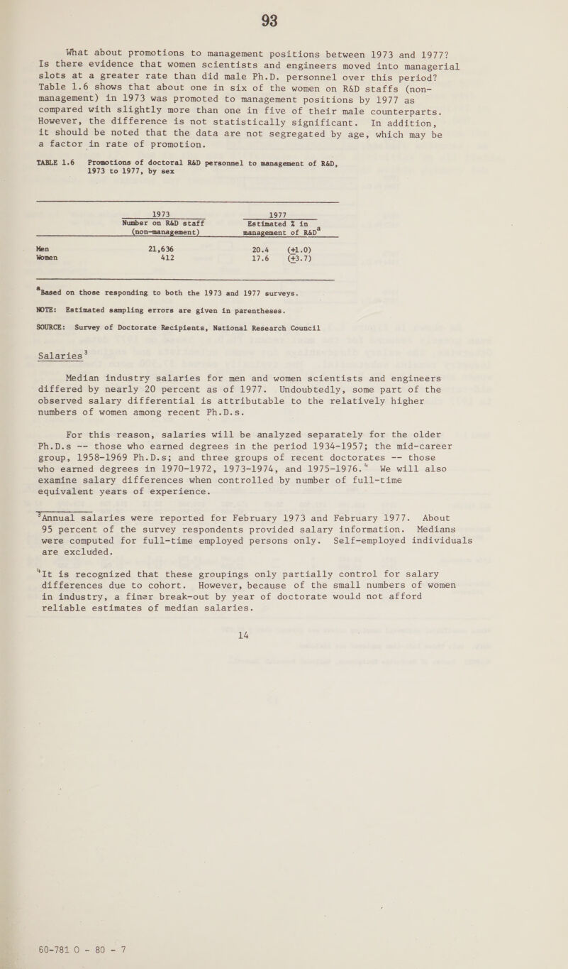 What about promotions to management positions between 1973 and 1977? Is there evidence that women scientists and engineers moved into managerial slots at a greater rate than did male Ph.D. personnel over this period? Table 1.6 shows that about one in six of the women on R&amp;D staffs (non- management) in 1973 was promoted to management positions by 1977 as compared with slightly more than one in five of their male counterparts. However, the difference is not statistically significant. In addition, it should be noted that the data are not segregated by age, which may be a factor in rate of promotion. TABLE 1.6 Promotions of doctoral R&amp;D personnel to management of R&amp;D, 1973 to 1977, by sex  1973 LOT Number on R&amp;D staff Estimated % in (non-management ) management of R&amp;D* Men 21,636 20.4 (+1.0) Women 412 17.6 (43.7)  'Based on those responding to both the 1973 and 1977 surveys. NOTE: Estimated sampling errors are given in parentheses. SOURCE: Survey of Doctorate Recipients, National Research Council Salaries?® Median industry salaries for men and women scientists and engineers differed by nearly 20 percent as of 1977. Undoubtedly, some part of the observed salary differential is attributable to the relatively higher numbers of women among recent Ph.D.s. For this reason, salaries will be analyzed separately for the older Ph.D.s -- those who earned degrees in the period 1934-1957; the mid-career group, 1958-1969 Ph.D.s; and three groups of reeent doctorates -- those who earned degrees in 1970-1972, 1973-1974, and 1975-1976. We will also examine salary differences when controlled by number of full-time equivalent years of experience. tea c Annual salaries were reported for February 1973 and February 1977. About 95 percent of the survey respondents provided salary information. Medians were computed for full-time employed persons only. Self-employed individuals are excluded. Sie is recognized that these groupings only partially control for salary differences due to cohort. However, because of the small numbers of women in industry, a finer break-out by year of doctorate would not afford reliable estimates of median salaries. 14 60-781 0 - 80 - 7