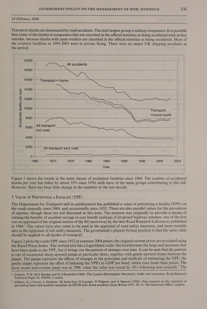 14 February 2006  Transport deaths are dominated by road accidents. The next largest group is railway trespassers. It is possible that some of the deaths to trespassers that are recorded in the official statistics as being accidental were in fact suicides, because deaths with open verdicts are classified in the official statistics as being accidental. Most of the aviation fatalities in 1993-2003 were in private flying. There were no major UK shipping accidents in the period.   All accidents         16000 + Transport + home      Transport +home+work  Accidental deaths per year       6000 All transport incl road 4000 5 bt A 2000 All transport excl road 0 Gan tial eo ie ee eee ee eee 1965 1970 1975 1980 1985 1990 1995 2000 2005 Year    Figure | shows the trends in the main classes of accidental fatalities since 1968. The number of accidental deaths per year has fallen by about 35% since 1970, with most of the main groups contributing to this fall. However, there has been little change in the numbers in the last decade. 3 VALUE OF PREVENTING A FATALITY (VPF) The Department for Transport and its predecessors has published a value of preventing a fatality (VPF) on the roads annually since 1969, and occasionally since 1952. There are also parallel values for the prevention of injuries, though these are not discussed in this note. The purpose was originally to provide a means of valuing the benefits of accident savings in cost benefit analyses of proposed highway schemes: one of the first was an appraisal of the original section of the M1 motorway by the then Road Research Laboratory published in 1960.! The values have also come to be used in the appraisal of road safety measures, and more recently also in the appraisal of rail safety measures. The government’s present formal position is that the same value should be applied to all modes of transport. Figure 2 plots the roads VPF since 1952 at constant 2004 prices; the original current prices are re-valued using the Retail Prices Index. The vertical axis has a logarithmic scale: this foreshortens the large real increases that have been made to the VPF, but it brings out the pattern of changes over time. It can be seen that the pattern is one of occasional sharp upward jumps at particular dates, together with gentle upward slopes between the jumps. The jumps represent the effects of changes in the principles and methods of estimating the VPF; the gentle slopes represent the effect of indexing the VPFs to GDP per head, which rises faster than prices. The most recent non-routine jump was in 1998, when the value was raised by 10% following new research.” The  ! Coburn, T M, M E Beesley and D J Reynolds (1960). The London-Birmingham Motorway: traffic and economics. Road Research Technical Paper 46, HMSO, London. 2 Chilton, S, J Covey, L Hopkins, M Jones-Lee, G Loomes, N Pidgeon, and A Spencer (1998). New research on the valuation of preventing fatal road accident casualties. In DETR (ed): Road accidents Great Britain 1997, 28-33. The Stationery Office, London.