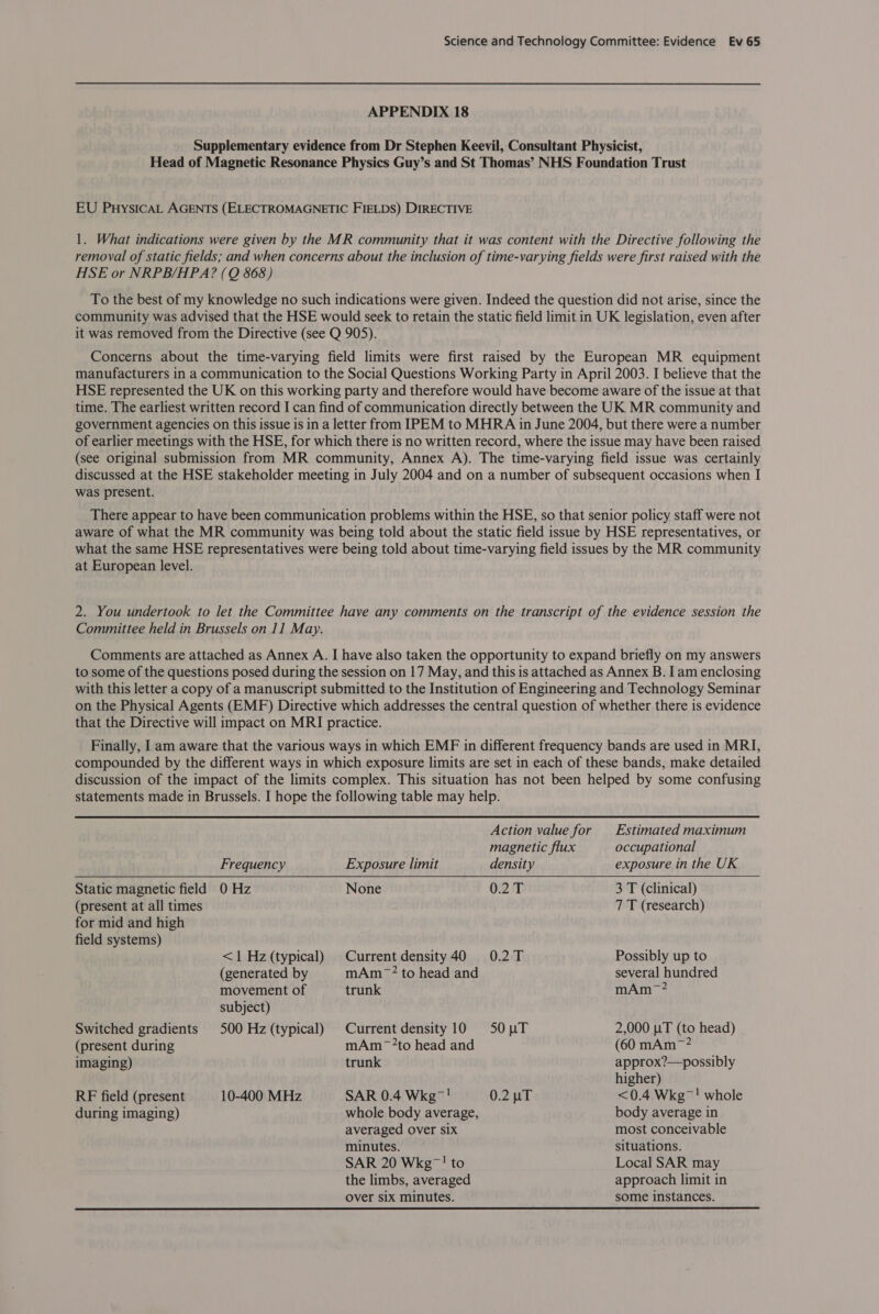 APPENDIX 18 Supplementary evidence from Dr Stephen Keevil, Consultant Physicist, Head of Magnetic Resonance Physics Guy’s and St Thomas’ NHS Foundation Trust EU PuysIcAL AGENTS (ELECTROMAGNETIC FIELDS) DIRECTIVE 1. What indications were given by the MR community that it was content with the Directive following the removal of static fields; and when concerns about the inclusion of time-varying fields were first raised with the HSE or NRPB/HPA? (Q 868) To the best of my knowledge no such indications were given. Indeed the question did not arise, since the community was advised that the HSE would seek to retain the static field limit in UK legislation, even after it was removed from the Directive (see Q 905). Concerns about the time-varying field limits were first raised by the European MR equipment manufacturers in a communication to the Social Questions Working Party in April 2003. I believe that the HSE represented the UK on this working party and therefore would have become aware of the issue at that time. The earliest written record I can find of communication directly between the UK MR community and government agencies on this issue is in a letter from IPEM to MHRA in June 2004, but there were a number of earlier meetings with the HSE, for which there is no written record, where the issue may have been raised (see original submission from MR community, Annex A). The time-varying field issue was certainly discussed at the HSE stakeholder meeting in July 2004 and on a number of subsequent occasions when I was present. There appear to have been communication problems within the HSE, so that senior policy staff were not aware of what the MR community was being told about the static field issue by HSE representatives, or what the same HSE representatives were being told about time-varying field issues by the MR community at European level. 2. You undertook to let the Committee have any comments on the transcript of the evidence session the Committee held in Brussels on 11 May. Comments are attached as Annex A. I have also taken the opportunity to expand briefly on my answers to some of the questions posed during the session on 17 May, and this is attached as Annex B. I am enclosing with this letter a copy of a manuscript submitted to the Institution of Engineering and Technology Seminar on the Physical Agents (EMF) Directive which addresses the central question of whether there is evidence that the Directive will impact on MRI practice. Finally, I am aware that the various ways in which EMF in different frequency bands are used in MRI, compounded by the different ways in which exposure limits are set in each of these bands, make detailed discussion of the impact of the limits complex. This situation has not been helped by some confusing statements made in Brussels. I hope the following table may help. Action value for Estimated maximum magnetic flux occupational Frequency Exposure limit density exposure in the UK Static magnetic field 0 Hz None 0.2 T 3 T (clinical) (present at all times 7 T (research) for mid and high field systems) &lt;1Hz(typical) Current density40 0.2T Possibly up to (generated by mAm _~? to head and several hundred movement of trunk mAm~? subject) Switched gradients 500 Hz (typical) Currentdensity10 S50uT 2,000 LT (to head) (present during mAm ~*to head and (60 mAm ~ imaging) trunk approx?—possibly higher) RF field (present 10-400 MHz SAR 0.4 Wkg™! 0.2 uT &lt;0.4 Wkg~! whole during imaging) whole body average, body average in averaged over six most conceivable minutes. situations. SAR 20 Wkg~! to Local SAR may the limbs, averaged approach limit in over six minutes. some instances.