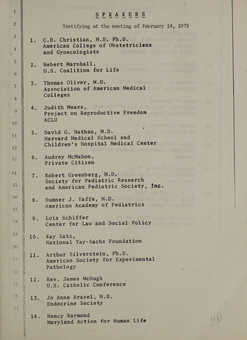 10. 11. 12. 13. SPEAKERS = Testifying at the meeting of Feoruary 14, 1975 C.D. Christian, M.D. Ph.D. American College of Obstetricians and Gynecologists Rebert Marshall, U.S. Coalition for Life Thomas Oliver, M.D. Association of American Medical Colieges Judith Mears, ~~ -. Project on Reproductive Freedom ACLU | David G. Nathan, M.D. Harvard Medical School and Children's Hospital Medical Center Audrey McMahon, Private Citizen Robert Greenberg, M.D. Society for Pediatric Research and American Pediatric Society, Inc. Sumner J. Yaffe, M.D. American Academy of Pediatrics Lois Schiffer Center for Law and Social Policy Kay Katz, National Tay-Sachs Foundation Arthur Silverstein, Ph.D. American Society for Experimental Pathology Rev. James McHugh U.S. Catholic Conference Jo Anne Brasel, M.D. Endocrine Society Nancy Raymond