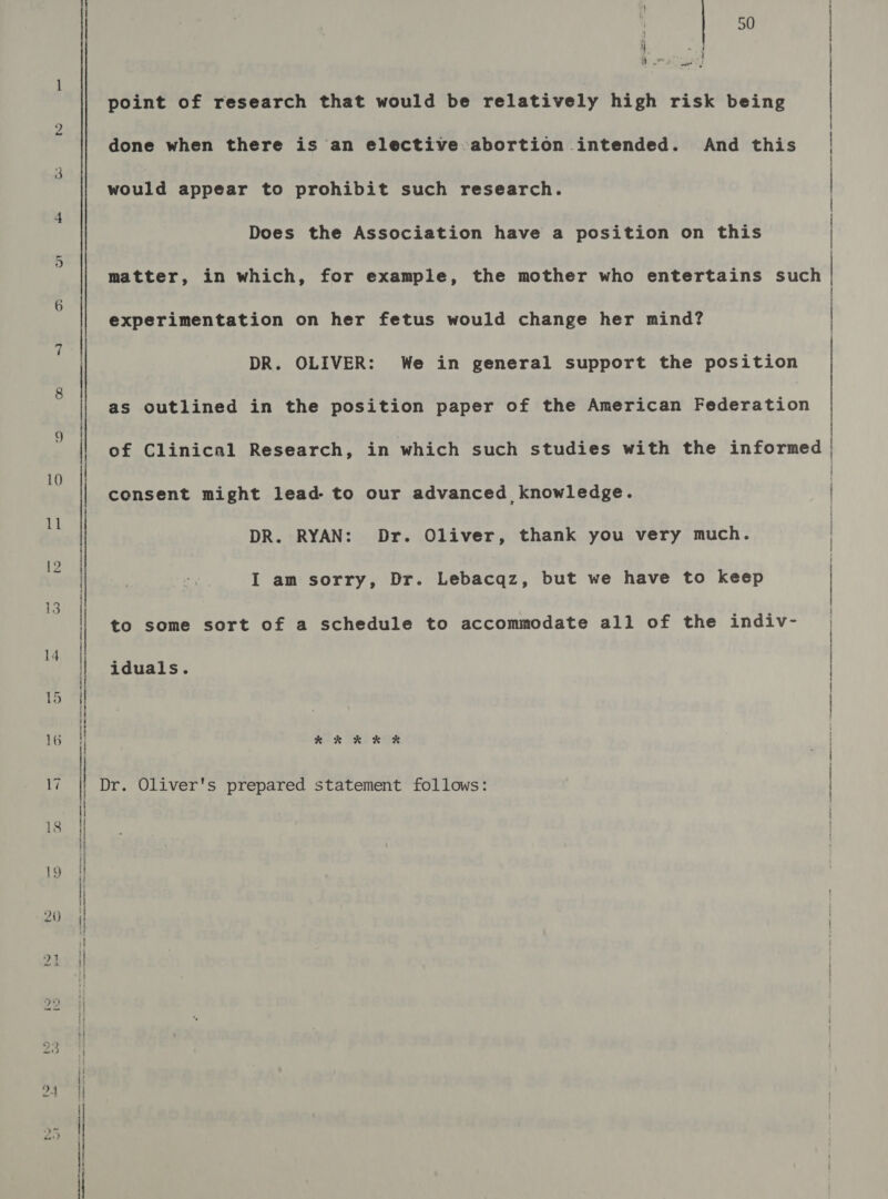 NE ote a ee ee E si PNA TRE oR te Su --ar are nha em oe eennene = uasevashennensen-ouaneDbemanaretants wedillannnewinl point of research that would be relatively high risk being done when there is an elective abortion intended. And this would appear to prohibit such research. Does the Association have a position on this matter, in which, for example, the mother who entertains such experimentation on her fetus would change her mind? DR. OLIVER: We in general support the position as outlined in the position paper of the American Federation of Clinical Research, in which such studies with the informed consent might lead- to our advanced knowledge. DR. RYAN: Dr. Oliver, thank you very much. to some sort of a schedule to accommodate all of the indiv- iduals. xk eKR KEE | Dr. Oliver's prepared statement follows: