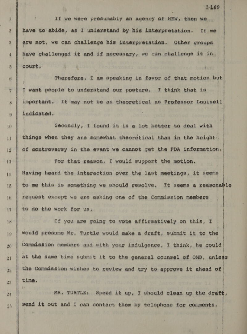 to - 15 16 2-169 If we were presumably an agency of HEW, then we have to abide, as I understand by his interpretation. If we are not, we can challenge his interpretation. Other groups have challenged it and if necessary, we can challenge it in court, : Therefore, I am speaking in favor of that motion but I want people to understand our posture. I think that is important. It may not be as theoretical as Professor Louisell indicated. Secondly, I found it is a lot better to deal with things when they are somewhat theoretical than in the height:: La, SRP ro ASST ipl A SS A of controversy in the event we cannot get the FDA information.  For that reason, I would support the motion, Having heard the interaction over the last meetings, it seems to me this is semething we should resolve, It seems a mola request except we are asking one of the Commission members | to do the work for us, If you are going to vote affirmatively on this, I | would presume Mr. Turtle would make a draft, submit it to the | Commission members and with your indulgence, I think, he could at the same time submit it to the general counsel of OMB, unless the Commission wishes to review and try to approve it ahead of | time. | i: i MR, TURTLE; Speed it up, I should clean up the draft, ( send it out and I can contact them by telephone for comments. | |