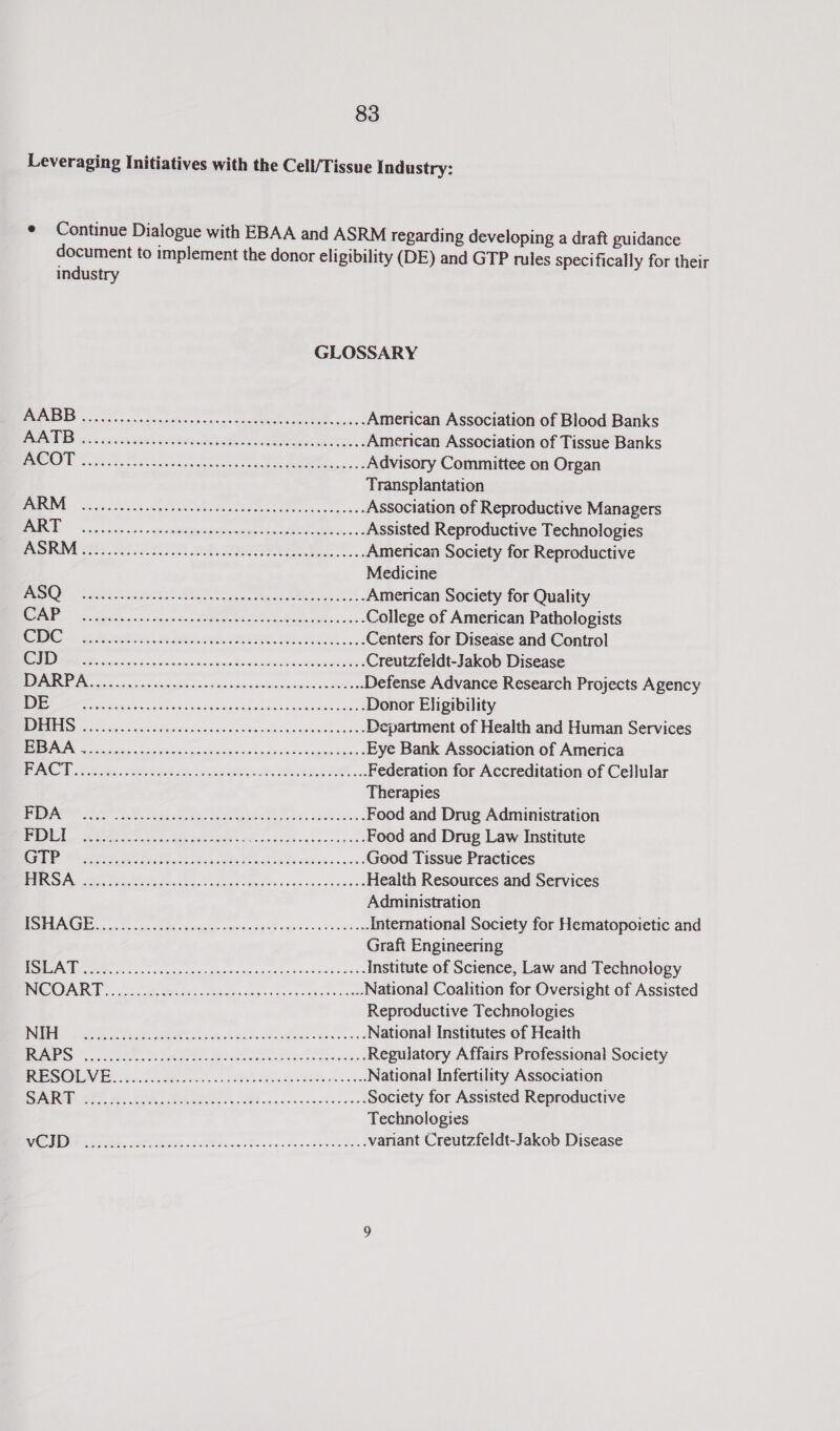 Leveraging Initiatives with the Cell/Tissue Industry: e Continue Dialogue with EBAA and ASRM regarding developing a draft guidance document to implement the donor eli industry GLOSSARY LONE Sie RR ase Te ee, OH, |) a American Association of Blood Banks BAG SS sets ewseanss uns attyi ee eh Re eS American Association of Tissue Banks Be ee ee ee me Advisory Committee on Organ Transplantation LN NA ate RCT Ei. DS ee Association of Reproductive Managers i anh 2 co aeioelenirad hea ata nee tw &lt;8 Assisted Reproductive Technologies BE ONE 60th AR ee ee... American Society for Reproductive Medicine BPS. Sis Oa ae A ee American Society for Quality er oe ocas San SUR eget College of American Pathologists 2 MIN A. OI ES. Centers for Disease and Control oY ae RR ee ONE ia Foe Se Creutzfeldt-Jakob Disease ee shia ed aneigheosaasewasioan SES Defense Advance Research Projects Agency eM Ape sinsirnsc Soe Feu gnaw asia aholvs i danivatn Saws Donor Eligibility Res ic ey 1 OSL I Necsus view eke ee Department of Health and Human Services ie aha ree at eat Eye Bank Association of America Be Mist Iee Pt aSat Ra ha ast TERI a ve Federation for Accreditation of Cellular Therapies a er Se ss Be ee ies, MER ties OR Sl Food and Drug Administration PE ol resescess neti Se oag ts ~s6~ 44024 +0----,-., OOO and Dros Law lostitmte Beseae OP EI NE Fe oa MN Reh by edes ona &lt;0 Good Tissue Practices EUS tl ee Sete Fe), Pater baka staan rain Health Resources and Services Administration Au CS) Rage Ata. Snare tie InN een International Society for Hematopoietic and Graft Engineering aD. ak eae earl MN ge NR ra ae Institute of Science, Law and Technology TAR uo Mp ehh c nor ens od sas National Coalition for Oversight of Assisted Reproductive Technologies MASS are a Oe Ae ae Ee ea Aes SO National Institutes of Health eee ane tee a ane ee Cee ose pg Regulatory Affairs Professional Society We AE Cah, 08 ales 0.2 A Ss cosets was National Infertility Association By A Re Me SEIMEI SUNS oe cc oinis saxSovner’ Society for Assisted Reproductive Technologies Me PAN. ETE PAIPIT IS cae otha re SUM ees variant Creutzfeldt-Jakob Disease