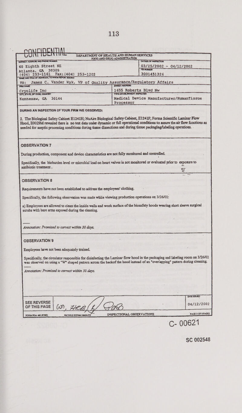    ai t | yi \ U U DEPARTMENT OF HEALTH AND HUMAN SERVICES FOOD AND DRUG ADMINISTRATION TESTRICT ADORESS AAO PHONE MURGER GATERS) OF RSPECTION 60 Eighth Street NE        03/25/2002 — 04/12/2062 Atlanta, GA 30309 TE ERAER (404) 253-1161 Fax:(404) 253-1202 3001453326 ;    NAME ANO T OF INDIYIQUAL TO WHOm REPORT IBSUED j To: James C. Vander Wyk, VP of Quality Assurance/Regulatory Affairs RY NAME STREET ADORESS . Cryolife Inc ae: 1655 Roberts Blvd Nw Gry, STATE, DP COOE, COUNTRY TYPE ESTABLISHMENT INSPECTED Kennesaw, GA 30144 Medical Device Manufacturer/HumanTissue Processor i                 DURING AN INSPECTION OF YOUR FIRM WE OBSERVED:   2. The Biological Safety Cabinet E1241H; NuAire Biological Safety Cabinet, E1241F; Forma Scientific Laminar Flow Hood, E0029M revealed there is no test data under dynamic or full operational conditions to assure the air flow functions as needed for aseptic processing conditions during tissue dissections and during tissue packaging/labeling operations. .  OBSERVATION 7 During production, component and device characteristics are not fully monitored and controlied.  Specifically, the bioburden level or microbial! load on heart valves is not monitored ar evaluated prior to exposure to antibiotic treatment . SS             aS a  OBSERVATION 8  Requirements have not been established to address the employees’ clothing. Specifically, the following observation was made while viewing production operations on 3/26/02: a) Employees are allowed to clean the inside walls and work surface of the biosafety hoods wearing short sleeve surgical scrubs with bare arms exposed during the cleaning. Annotation: Promised to correct within 30 days. OBSERVATION $ Employees have not been adequately trained  Specifically, the circulator responsible for disinfecting the Laminar flow hood in the packaging and labeling room on 3/26/02 was observed on using 2 W” shaped pattern across the backof the hood instead of an “overlapping* pattern during cleaning. | Armotation: Promised to correct within 30 days.        SEE REVERSE OF THIS PAGE     04/12/2002 YAVICLS 4 CHB FORM FDA 45) (97/00) PREVIOUS EDITION OBSOLETE INSPECTIONAL OBSERVATIONS “PAGE 3 OF B PAGES C- 00621 