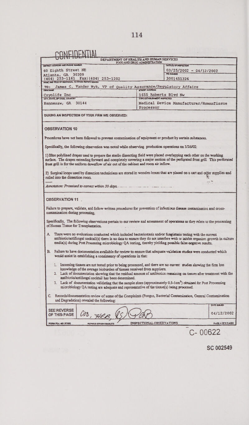      DEPARTMENT OF HEALTH AND Ler SERVICES ADMINISTRATION FOOD AND DRUG GATED OF BEPECTON eee ee — 04/12/2002 aeaqisiede   Gar Tuct AGCREBS AND PHONE 60 Eighth Street NE Atlanta, GA 30309 — {404} 253-116} Fax: (404) 253-1202 MAME AND TI OF SNOIVIDUAL TD WHO REPORT ISSUED       James C. Vander wW = VP of Quality Assurance/Regulatory Affairs ing TREE) ADORESS Cryolife Inc 1655 Roberts Blvd Nw CITY, STATE, 29? COOE, COUNTRY TYPE ESTASLISHMENT NSPECTED       Kennesaw, GA 30144 Medical Device Manufacturer/HumanTissvue Processor DUFUNG AN INSPECTION OF YOUR FIRM WE OBSERVED: OBSERVATION 10 4 Procedures have not been followed to prevent contamination of equipment or product by certain substances. Specifically, the following observation was noted while observing production operations on 3/26/02:   1) Blue polylined drapes used to prepare the sterile dissecting field were placed overlapping each other on the working surface, The drapes extending forward and completely covering a major section of the perforated front grill This perforated front grill is for the uniform downflow of air out of the cabinet and room sir inflow. 2) Surgical loops used by dissection technicians are stored in wooden boxes that are placed on a cart and i ex supplies and rolled into the dissection room. _——— Annotation: Promised to correct within 30 days. - ..... --          .é OBSERVATION 11 |  Failure to prepare, validate, and follow written procedures for prevention of infectious disease contamination and eross~  Specifically, The following observations pertain to our review and assessment of operations as they relate to the processing of Human Tissue for Transplantation. 5                     A. There were no evaluations conducted which ietaaed gees andsor fungistasis testing with the current antibiotic/antifiungal cocktail(s) there is no data to ensure they do not interfere with or inhibit organism: growth in culture medias) during Post Processing microbiology QA testing, thereby yielding possible false-negative results. Failure to have documentation available for review to ensure that adequate validation studies were conducted which would assist in establishing a consistency of operations in that: Incoming tissues are not tested prior to being processed, and there are no curren: studies showing the firm bas knowledge of the average bioburden of tissues recetved from suppliers. 2. Lack of documentation showing that the residual amount of antibiotics remaining on tissues after treatment with the antibiotic/antifizngal cocktail has been determined. Lack of documentation validating that the sample sizes (approximately 0.5-lem*) obtained for Post Processing microbiology QA testing are adequate and representative of the tissue(s) bemg processed. Records/documentation review of same of the Complaints (Fungus, Bacterial Contamination, Genera! Contamination and Degradation) revealed the following:  Cate SSUED   SEE REVERSE OF THIS: PAGE   04/12/2002 “C- 00622