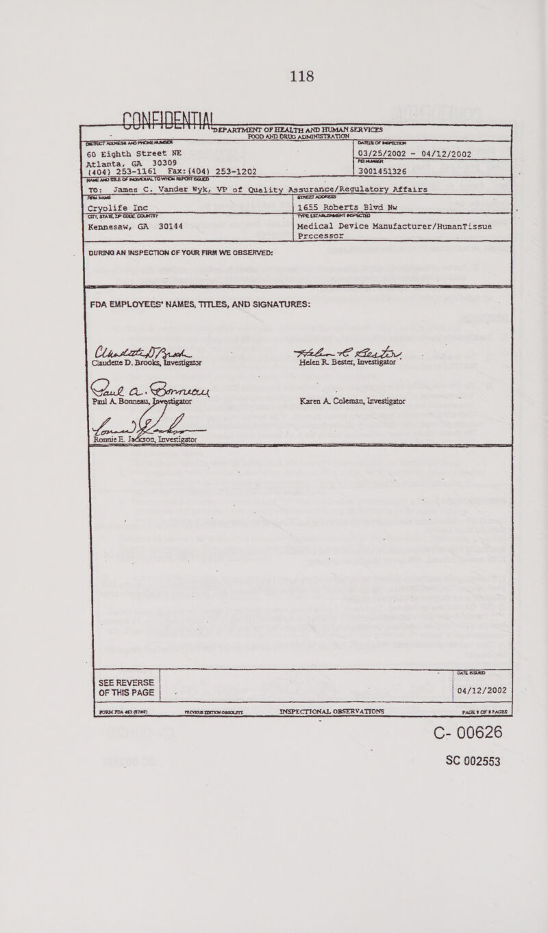                  ANEIEN TIA (MRniiicallleh a oS is am eS . FOOD AND DRUG ADMINISTRATION Cee TPacT ADORESS AND PHONE MUMSER DATEG) OF INGESTION 60 Eighth Street NE 03/25/2002 - 04/12/2002 Atlanta, GA 30309 FR MMAR ; (404) 253-1161 Fax: (404) 253-1202 : 3001451326 PAE AMO THLE OF INDIVIDUAL TO WHOM REPCRT SGueD To: James C. Vander Wyk, VP of Quality Assurance/Regulatory Affairs Cryolife Inc 1655 Roberts Blvd Nw : CITT, STATE, LP CODE COUNTRY n TYPE ESTABLISHMENT INSPECTED Kennesaw, GA 30144 Medical Device Manufacturer/HumanTissue Processor DURING AN INSPECTION OF YOUR FIRM WE OBSERVED: FDA EMPLOYEES’ NAMES, TITLES, AND SIGNATURES:   oe Claudette D, Brooks, Investigator Helen R. Bester, Investigator °     Py er SEE REVERSE OF THIS PAGE INSPECTIONAL OBSERVATIONS