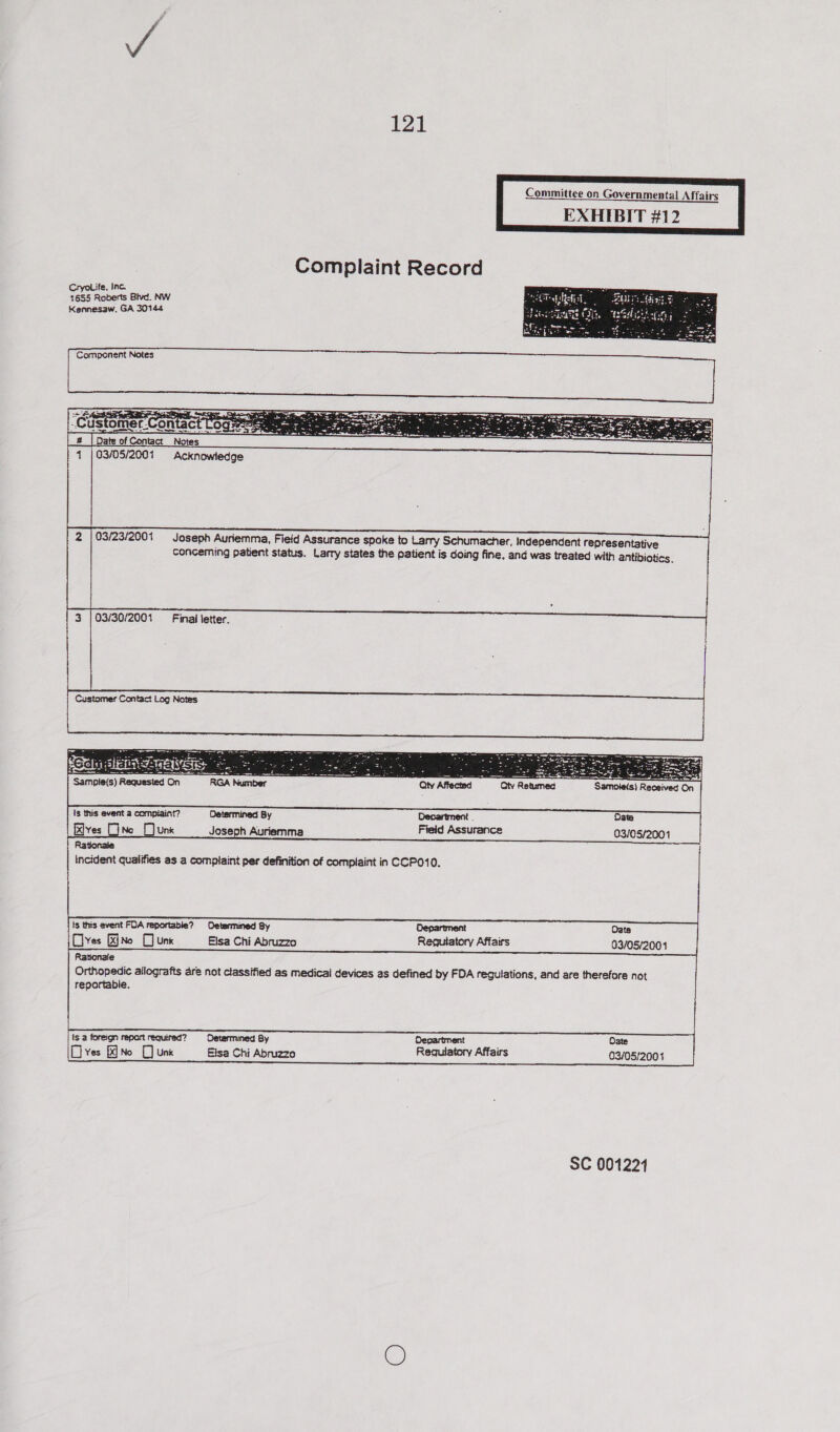 EXHIBIT #12  Complaint Record CryoLife, Inc. 1655 Roberts Blvd. NW Kennesaw, GA 30144  Component Notes “Castomer:Contact t 2 | 03/23/2001 Joseph Auriemma, Field Assurance spoke to Larry Schumacher, Independent representative conceming patient status. Larry states the patient is doing fine, and was treated with antibiotics. 03/30/2001 =‘ Final letter. Customer Contact Log Notes  Qty Affected — Retumed Samoie(s) Received On Is this event a complaint? Determined By Devartment . Date Elves (No [Junk Joseph Auriemma Fieid Assurance 03/05/2001 Rationale } incident qualifies as a complaint per definition of complaint in CCPO10.  ts this event FDA reportable? Determined Sy Department Date Clyes KjNo [J unk Elsa Chi Abruzzo Requiatory Affairs 03/05/2001 Rationale Orthopedic allografts are not classified as medicai devices as defined by FDA regulations, and are therefore not reportable.  \s a foreign report required? Oetermined By Department ; Oate Dives fkJNo [J unk Elsa Chi Abruzzo Requiatory Affairs 03/05/2001