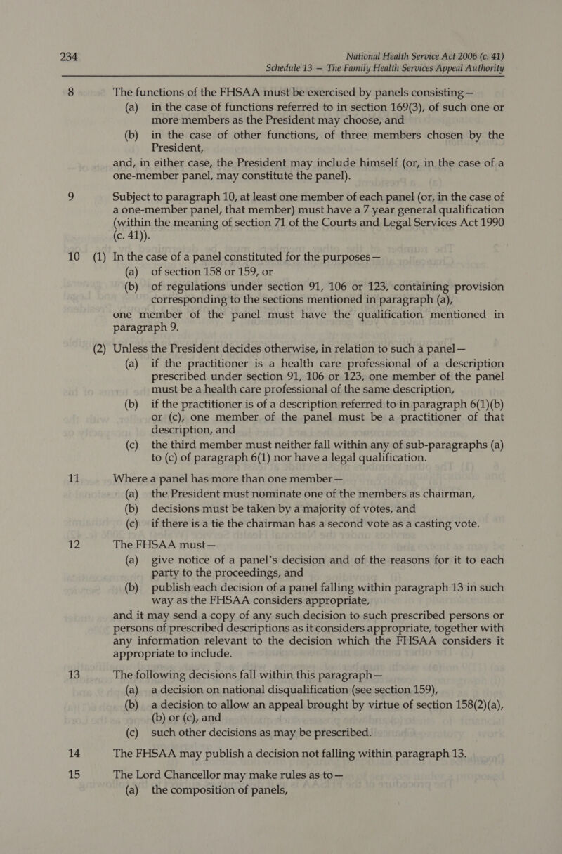Schedule 13 — The Family Health Services Appeal Authority 8 The functions of the FHSAA must be exercised by panels consisting — (a) in the case of functions referred to in section 169(3), of such one or more members as the President may choose, and (b) in the case of other functions, of three members chosen by the President, and, in either case, the President may include himself (or, in the case of a one-member panel, may constitute the panel). 9 Subject to paragraph 10, at least one member of each panel (or, in the case of a one-member panel, that member) must have a 7 year general qualification (within the meaning of section 71 of the Courts and Legal Services Act 1990 (c. 41)). 10 (1) In the case of a panel constituted for the purposes — (a) of section 158 or 159, or (b) of regulations under section 91, 106 or 123, containing provision corresponding to the sections mentioned in paragraph (a), one member of the panel must have the qualification mentioned in paragraph 9. (2) Unless the President decides otherwise, in relation to such a panel — (a) if the practitioner is a health care professional of a description prescribed under section 91, 106 or 123, one member of the panel must be a health care professional of the same description, (b) if the practitioner is of a description referred to in paragraph 6(1)(b) or (c), one member of the panel must be a practitioner of that description, and (c) the third member must neither fall within any of sub-paragraphs (a) to (c) of paragraph 6(1) nor have a legal qualification. At Where a panel has more than one member — (a) the President must nominate one of the members as chairman, (b) decisions must be taken by a majority of votes, and (c) if there is a tie the chairman has a second vote as a casting vote. jd The FHSAA must — (a) give notice of a panel’s decision and of the reasons for it to each party to the proceedings, and (b) publish each decision of a panel falling within paragraph 13 in such way as the FHSAA considers appropriate, and it may send a copy of any such decision to such prescribed persons or persons of prescribed descriptions as it considers appropriate, together with any information relevant to the decision which the FHSAA considers it appropriate to include. 13 The following decisions fall within this paragraph — (a) a decision on national disqualification (see section 159), (b) a decision to allow an appeal brought by virtue of section 158(2)(a), (b) or (c), and (c) such other decisions as may be prescribed. 14 The FHSAA may publish a decision not falling within paragraph 13. 15 The Lord Chancellor may make rules as to— (a) the composition of panels,