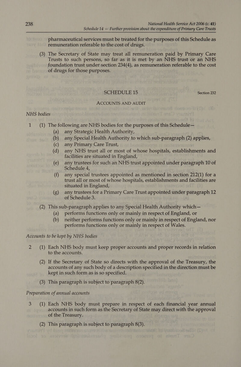 Schedule 14 — Further provision about the expenditure of Primary Care Trusts pharmaceutical services must be treated for the purposes of this Schedule as remuneration referable to the cost of drugs. (3) The Secretary of State may treat all remuneration paid by Primary Care Trusts to such persons, so far as it is met by an NHS trust or an NHS foundation trust under section 234(4), as remuneration referable to the cost of drugs for those purposes. SCHEDULE 15 Section 232 ACCOUNTS AND AUDIT NHS bodies 1 (1) The following are NHS bodies for the purposes of this Schedule— (a) any Strategic Health Authority, (b) any Special Health Authority to which sub-paragraph (2) applies, (c) any Primary Care Trust, (d) any NHS trust all or most of whose hospitals, establishments and facilities are situated in England, (e) any trustees for such an NHS trust appointed under paragraph 10 of Schedule 4, (f) any special trustees appointed as mentioned in section 212(1) for a trust all or most of whose hospitals, establishments and facilities are situated in England, (g) any trustees for a Primary Care Trust appointed under paragraph 12 of Schedule 3. 2) This sub-paragraph applies to any Special Health Authority which — paragrapn app Yip ty (a) performs functions only or mainly in respect of England, or (b) neither performs functions only or mainly in respect of England, nor performs functions only or mainly in respect of Wales. Accounts to be kept by NHS bodies 2 (1) Each NHS body must keep proper accounts and proper records in relation to the accounts. (2) If the Secretary of State so directs with the approval of the Treasury, the accounts of any such body of a description specified in the direction must be kept in such form as is so specified. (3) This paragraph is subject to paragraph 8(2). Preparation of annual accounts 3 (1) Each NHS body must prepare in respect of each financial year annual accounts in such form as the Secretary of State may direct with the approval of the Treasury. (2) This paragraph is subject to paragraph 8(3).