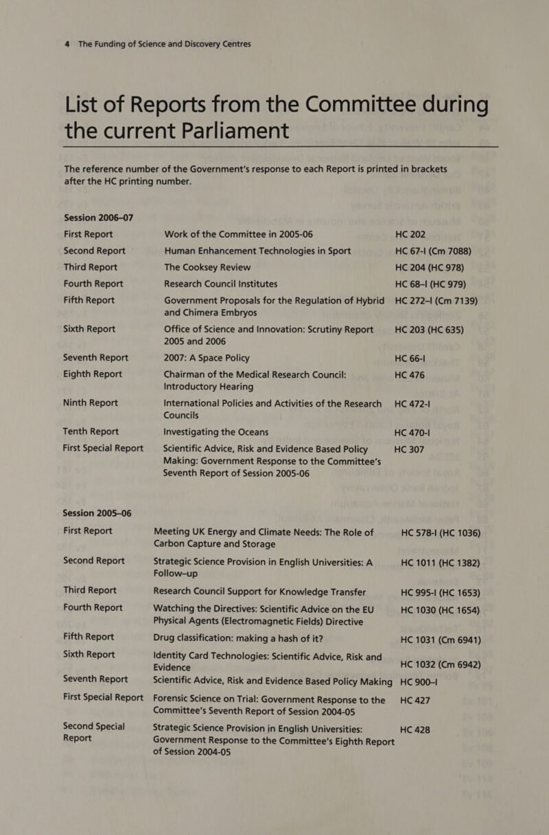 Session 2006-07 First Report Second Report — Third Report Fourth Report Fifth Report Sixth Report Seventh Report Eighth Report Ninth Report Tenth Report First Special Report Session 2005-06 First Report Second Report Third Report Fourth Report Fifth Report Sixth Report Seventh Report First Special Report Second Special Report Work of the Committee in 2005-06 Human Enhancement Technologies in Sport The Cooksey Review Research Council Institutes Government Proposals for the Regulation of Hybrid and Chimera Embryos Office of Science and Innovation: Scrutiny Report 2005 and 2006 2007: A Space Policy Chairman of the Medical Research Council: Introductory Hearing International Policies and Activities of the Research Councils Investigating the Oceans Scientific Advice, Risk and Evidence Based Policy Making: Government Response to the Committee’s Seventh Report of Session 2005-06 Meeting UK Energy and Climate Needs: The Role of Carbon Capture and Storage Strategic Science Provision in English Universities: A Follow-up Research Council Support for Knowledge Transfer Watching the Directives: Scientific Advice on the EU Physical Agents (Electromagnetic Fields) Directive Drug classification: making a hash of it? Identity Card Technologies: Scientific Advice, Risk and Evidence Scientific Advice, Risk and Evidence Based Policy Making Forensic Science on Trial: Government Response to the Committee’s Seventh Report of Session 2004-05 Strategic Science Provision in English Universities: HC 202 HC 67-| (Cm 7088) HC 204 (HC 978) HC 68-I (HC 979) HC 272-1 (Cm 7139) HC 203 (HC 635) HC 66-I HC 476 HC 472-1 HC 470-1 HC 307 HC 578-1 (HC 1036) HC 1011 (HC 1382) HC 995-1 (HC 1653) HC 1030 (HC 1654) HC 1031 (Cm 6941) HC 1032 (Cm 6942) HC 900-| HC 427 HC 428 of Session 2004-05