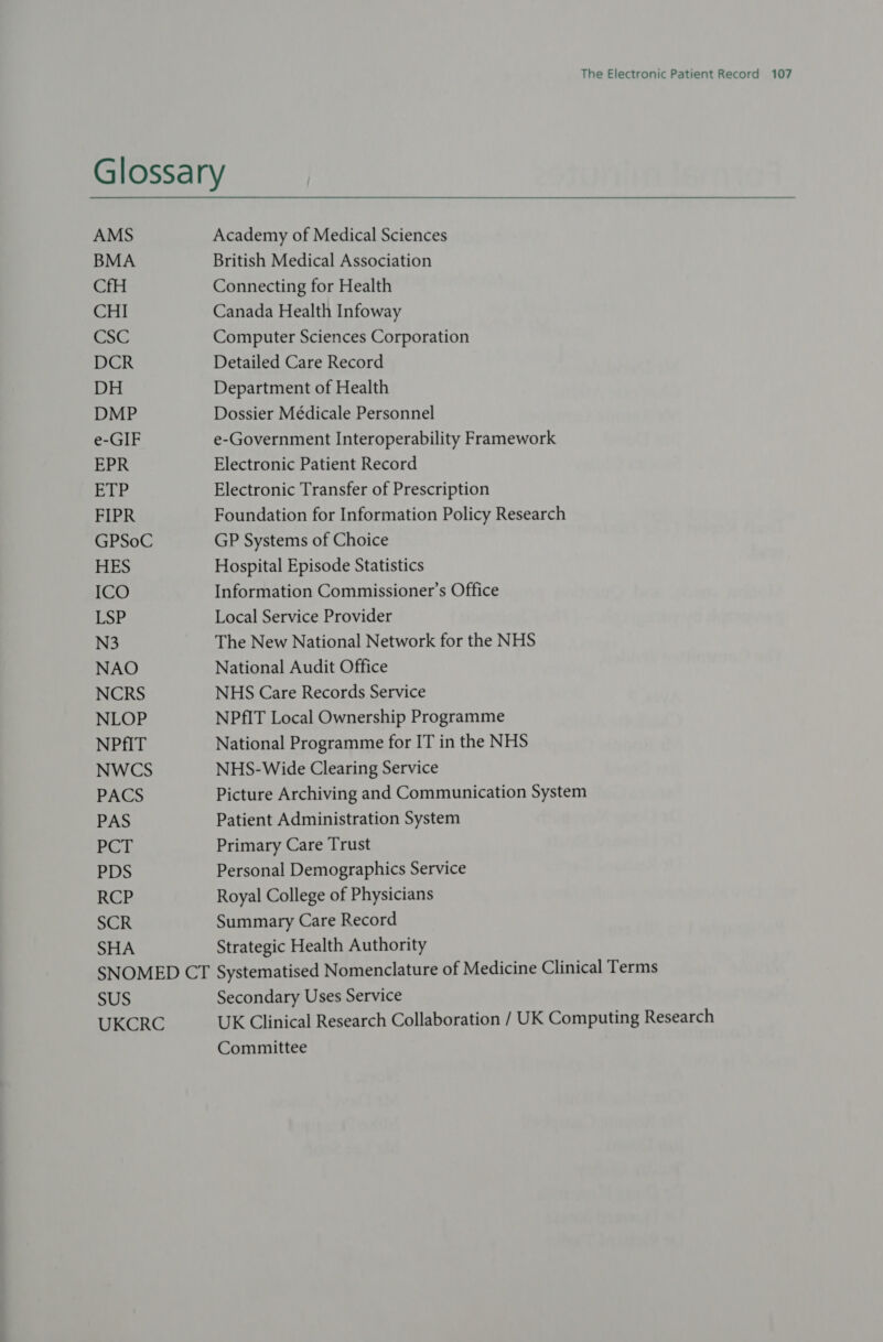 AMS BMA CfH CHI OG DCR DH DMP e-GIF EPR ETP FIPR GPSoC HES ICO LSP N3 NAO NCRS NLOP NPfIT NWCS PACS PAS ECE PDS RCP SCR SHA Academy of Medical Sciences British Medical Association Connecting for Health Canada Health Infoway Computer Sciences Corporation Detailed Care Record Department of Health Dossier Médicale Personnel e-Government Interoperability Framework Electronic Patient Record Electronic Transfer of Prescription Foundation for Information Policy Research GP Systems of Choice Hospital Episode Statistics Information Commissioner’s Office Local Service Provider The New National Network for the NHS National Audit Office NHS Care Records Service NPfIT Local Ownership Programme National Programme for IT in the NHS NHS-Wide Clearing Service Picture Archiving and Communication System Patient Administration System Primary Care Trust Personal Demographics Service Royal College of Physicians Summary Care Record Strategic Health Authority SUS Secondary Uses Service UK Clinical Research Collaboration / UK Computing Research Committee