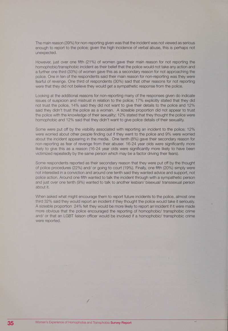 The main reason (89%) for non-reporting given was that the incident was not viewed as serious enough to report to the police; given the high incidence of verbal abuse, this is perhaps not unexpected. However, just over one fifth (21%) of women gave their main reason for not reporting the homophobic/transphobic incident as their belief that the police would not take any action and a further one third (83%) of women gave this as a secondary reason for not approaching the police. One in ten of the respondents said their main reason for non-reporting was they were fearful of revenge. One third of respondents (80%) said that other reasons for not reporting were that they did not believe they would get a sympathetic response from the police. Looking at the additional reasons for non-reporting many of the responses given do indicate issues of Suspicion and mistrust in relation to the police; 17% explicitly stated that they did not trust the police, 14% said they did not want to give their details to the police and 12% said they didn’t trust the police as a woman. A sizeable proportion did not appear to trust the police with the knowledge of their sexuality; 12% stated that they thought the police were homophobic and 12% said that they didn’t want to give police details of their sexuality. Some were put off by the visibility associated with reporting an incident to the police; 12% - were worried about other people finding out if they went to the police and 9% were worried about the incident appearing in the media. One tenth (8%) gave their secondary reason for non-reporting as fear of revenge from their abuser. 16-24 year olds were significantly more likely to give this as a reason (16-24 year olds were significantly more likely to have been victimized repeatedly by the same person which may be a factor driving their fears). Some respondents reported as their secondary reason that they were put off by the thought of police procedures (22%) and/ or going to court (19%). Finally, one fifth (20%) simply were not interested in a conviction and around one tenth said they wanted advice and support, not police action. Around one fifth wanted to talk the incident through with a sympathetic person and just over one tenth (9%) wanted to talk to another lesbian/ bisexual/ transsexual person about it. When asked what might encourage them to report future incidents to the police, almost one third 82% said they would report an incident if they thought the police would take it seriously. A sizeable proportion 24% felt they would be more likely to report an'incident if it were made more obvious that the police encouraged the reporting of homophobic/ transphobic crime and/ or that an LGBT liaison officer would be involved if a homophobic/ transphobic crime were reported. 