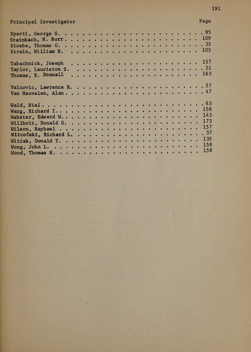 — os . Principal Investigator Page Sperti, George S. .. ME RUT YS 5 ee ye ec a) oie Oe wate eee ee se 6 a dO IMME CODEC 9, Fy), os ihe, (es Woken we does: ay dang ose 0 8 8 edd TPMT it MEGS TL. ay pure able teh aie eee? Bi wie eS e's eo 6 LOD DICT IneGhh . . , alee athpe ces 8 se ere ee ew oe LO SMEMPMGELELON IS «bic es ev eie ed ise eee eo eee oe Sh Sen yPORNMLL ae creed es ee eee wee ere 165 Mercovic, Lawrence R. 50. 6 se 8 we 8 ee ee 8b ow ow wwe aH | ICMP ON OALAN Gs 6 eee 8, eee’ 6) 8 ec eee 8 ee ee ee 47 Wald, Niel. ..... SEICHGYG “Les, (0.6) es [0re.)¥ 4 0 ts (e) 0, sel ietere ve ve 9 0 6 158 MBUMEMT OO EGWATU We ch eles 9 8 Sete 8 8 ee ee ts 8 6 6 8 8 143 MMOLE Se DONALA Ge. 60 ote 6 0 ee 8 8 oe 6 Ope 6 ee oe we 8 173 Ch ES 0S Dr re a 157 MMrravin Richard Le elise bk kee 5 ee eee eke cee te oO SE DONGLG Tess 6 1s) wife 04's vee 8 bi ee eee 8 ee 135 MUMMIODYCL, yp ictee Mists ee ve 6 se 808 eb 6 eee 158 MT HOMaS Heit 6s! s se pn ew 8 4H Fees ge ee ee 158