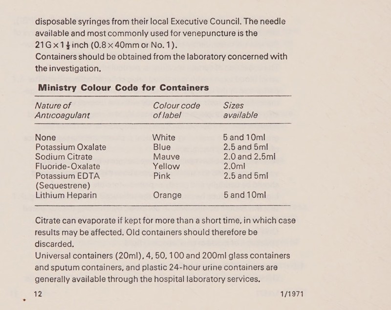 disposable syringes from their local Executive Council. The needle available and most commonly used for venepuncture Is the 21G x14inch (0.8 x 40mm or No. 1). Containers should be obtained from the laboratory concerned with the investigation. Ministry Colour Code for Containers Nature of Colour code Sizes Anticoagulant of label available None White 5 and 10ml Potassium Oxalate Blue 2.5 and 5ml Sodium Citrate Mauve 2.0 and 2.5ml Fluoride-Oxalate Yellow 2.0ml Potassium EDTA Pink 2.5 and bmi (Sequestrene) Lithium Heparin Orange 5 and10ml Citrate can evaporate if kept for more than a short time, in which case results may be affected. Old containers should therefore be discarded. Universal containers (20ml), 4, 50, 100 and 200ml glass containers and sputum containers, and plastic 24-hour urine containers are generally available through the hospital laboratory services.