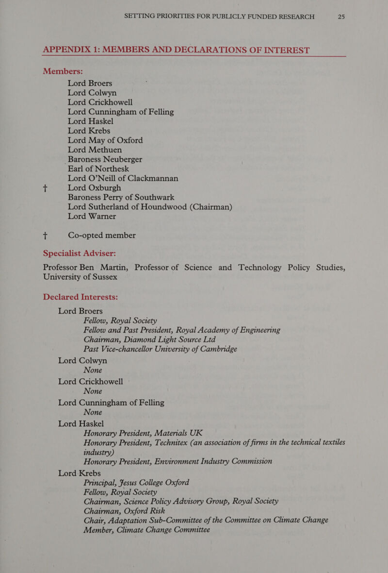 APPENDIX 1: MEMBERS AND DECLARATIONS OF INTEREST Members: Lord Broers Lord Colwyn Lord Crickhowell Lord Cunningham of Felling Lord Haskel Lord Krebs Lord May of Oxford Lord Methuen Baroness Neuberger Earl of Northesk Lord O’Neill of Clackmannan Vs Lord Oxburgh Baroness Perry of Southwark Lord Sutherland of Houndwood (Chairman) Lord Warner tT Co-opted member Specialist Adviser: Professor Ben Martin, Professor of Science and Technology Policy Studies, University of Sussex Declared Interests: Lord Broers Fellow, Royal Society Fellow and Past President, Royal Academy of Engineering Chairman, Diamond Light Source Ltd Past Vice-chancellor University of Cambridge Lord Colwyn None Lord Crickhowell None Lord Cunningham of Felling None Lord Haskel Honorary President, Materials UK Honorary President, Technitex (an association of firms in the technical textiles industry) Honorary President, Environment Industry Commission Lord Krebs Principal, Fesus College Oxford Fellow, Royal Society Chairman, Science Policy Advisory Group, Royal Society Chairman, Oxford Risk Chair, Adaptation Sub-Committee of the Committee on Climate Change Member, Climate Change Committee