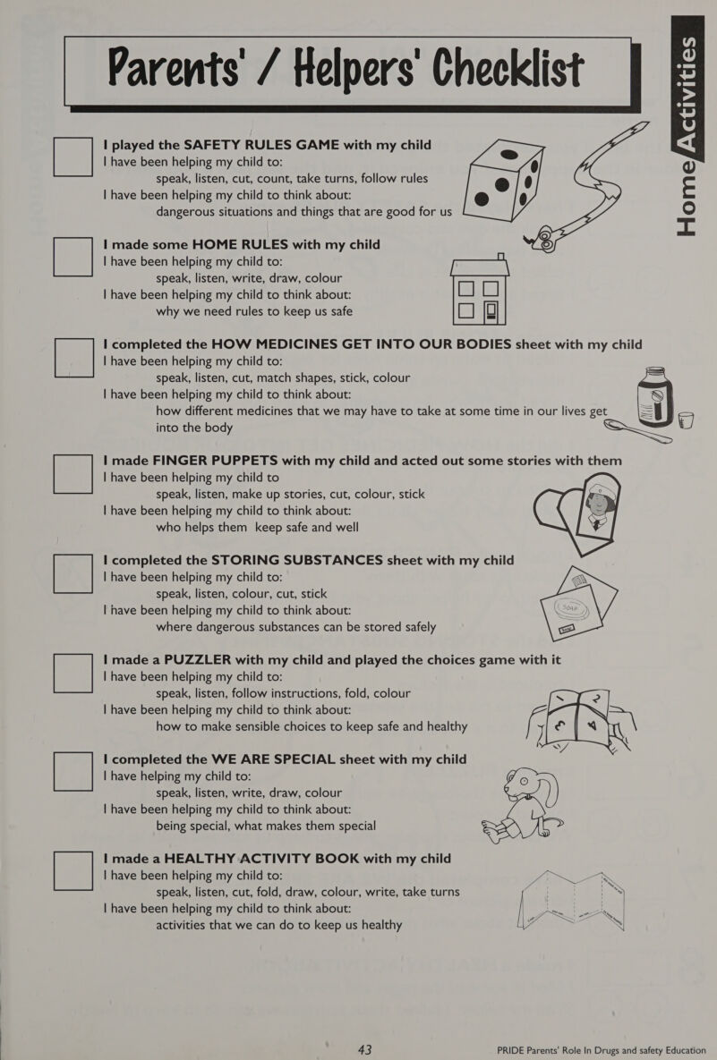   ese eee | LS   ies    Parents / Helpers’ Checklist | played the SAFETY RULES GAME with my child | have been helping my child to: speak, listen, cut, count, take turns, follow rules | have been helping my child to think about: dangerous situations and things that are good for us ivi HomefYa: I made some HOME RULES with my child | have been helping my child to: pean speak, listen, write, draw, colour | have been helping my child to think about: why we need rules to keep us safe [a] I completed the HOW MEDICINES GET INTO OUR BODIES sheet with my child | have been helping my child to: speak, listen, cut, match shapes, stick, colour | have been helping my child to think about: how different medicines that we may have to take at some time in our lives get into the body I made FINGER PUPPETS with my child and acted out some stories with them | have been helping my child to speak, listen, make up stories, cut, colour, stick | have been helping my child to think about: who helps them keep safe and well  x | completed the STORING SUBSTANCES sheet with my child | have been helping my child to: speak, listen, colour, cut, stick | have been helping my child to think about: where dangerous substances can be stored safely  | made a PUZZLER with my child and played the choices game with it | have been helping my child to: speak, listen, follow instructions, fold, colour | have been helping my child to think about: how to make sensible choices to keep safe and healthy  I completed the WE ARE SPECIAL sheet with my child | have helping my child to: speak, listen, write, draw, colour | have been helping my child to think about: being special, what makes them special  I made a HEALTHY ACTIVITY BOOK with my child | have been helping my child to: svat yy speak, listen, cut, fold, draw, colour, write, take turns ! iS | have been helping my child to think about: Seem ee activities that we can do to keep us healthy f ~