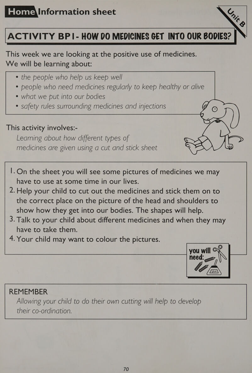 ACTIVITY BP I- HOW DO MEDICINES GET INTO OUR BODIES? This week we are looking at the positive use of medicines. We will be learning about:    ¢ the people who help us keep well * people who need medicines regularly to keep healthy or dlive ¢ what we put into our bodies ¢ safety rules surrounding medicines and injections      This activity involves:- Learning about how different types of medicines are given using a cut and stick sheet |. On the sheet you will see some pictures of medicines we may have to use at some time in our lives. 2. Help your child to cut out the medicines and stick them on to the correct place on the picture of the head and shoulders to show how they get into our bodies. The shapes will help. 3. Talk to your child about different medicines and when they may have to take them. 4. Your child may want to colour the pictures. 