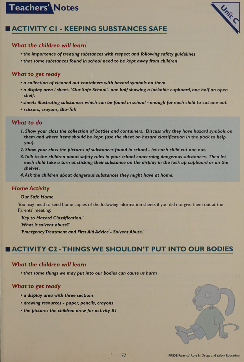  a-les\ am Notes M ACTIVITY Cl - KEEPING SUBSTANCES SAFE What the children will learn ¢ the importance of treating substances with respect and following safety guidelines ¢ that some substances found in school need to be kept away from children What to get ready ¢ a collection of cleaned out containers with hazard symbols on them ¢ a display area / sheet- ‘Our Safe School'- one half showing a lockable cupboard, one half an open shelf. | ¢ sheets illustrating substances which can be found in school - enough for each child to cut one out. ° scissors, crayons, Blu-Tak What to do I. Show your class the collection of bottles and containers. Discuss why they have hazard symbols on them and where items should be kept. (use the sheet on hazard classification in the pack to help you). 2. Show your class the pictures of substances found in school - let each child cut one out. 3. Talk to the children about safety rules in your school concerning dangerous substances. Then let each child take a turn at sticking their substance on the display in the lock up cupboard or on the shelves. 4. Ask the children about dangerous substances they might have at home. Home Activity Our Safe Home You may need to send home copies of the following information sheets if you did not give them out at the Parents’ meeting: 'Key to Hazard Classification. ' ‘What is solvent abuse? ‘Emergency Treatment and First Aid Advice - Solvent Abuse. ' B ACTIVITY C2 - THINGS WE SHOULDN’T PUT INTO OUR BODIES What the children will learn * that some things we may put into our bodies can cause us harm What to get ready ¢ a display area with three sections ¢ drawing resources - paper, pencils, crayons ¢ the pictures the children drew for activity BI