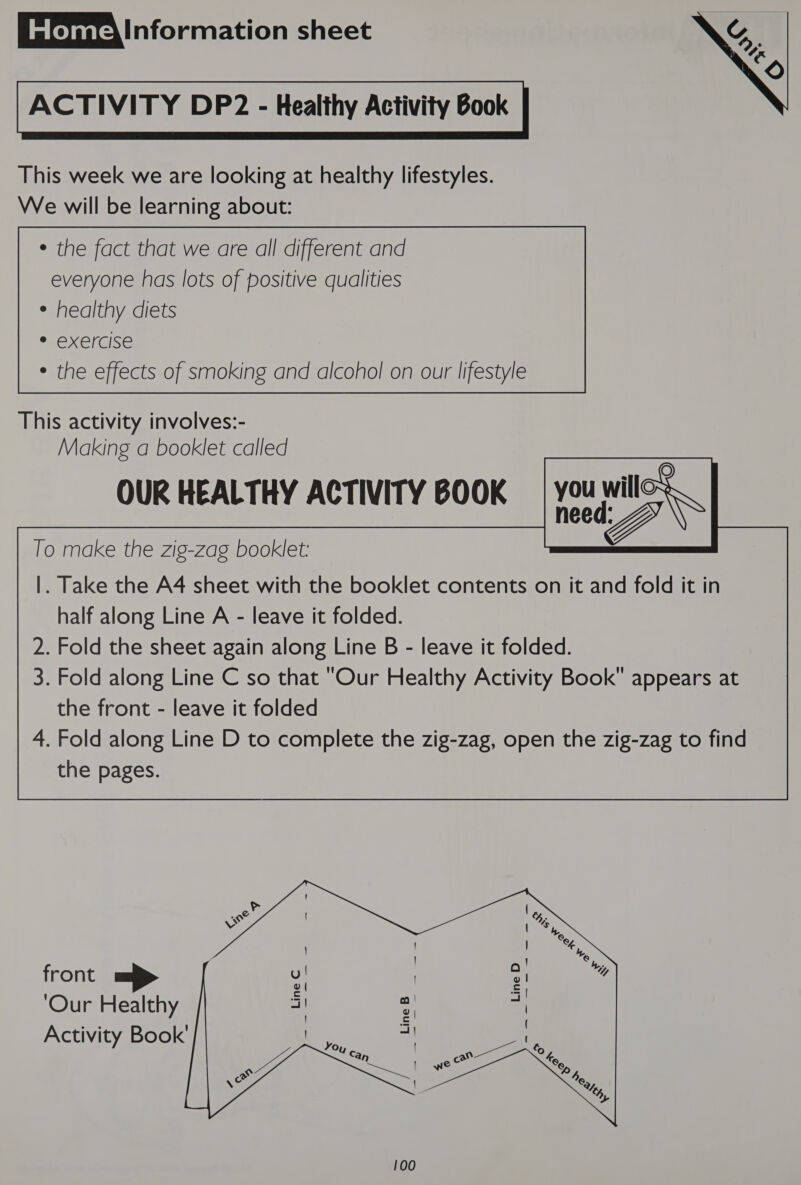   ¢ the fact that we are all different and everyone has lots of positive qualities ¢ healthy diets Oe delrals= ¢ the effects of smoking and alcohol on our lifestyle       This activity involves:- Making a booklet called OUR HEALTHY ACTIVITY BOOK To make the zig-zag booklet |. Take the A4 sheet with the booklet contents on it and fold it in half along Line A - leave it folded. 2. Fold the sheet again along Line B - leave it folded. 3. Fold along Line C so that “Our Healthy Activity Book appears at the front - leave it folded 4. Fold along Line D to complete the zig-zag, open the zig-zag to find the pages. front ‘Our Healthy Activity Book’  