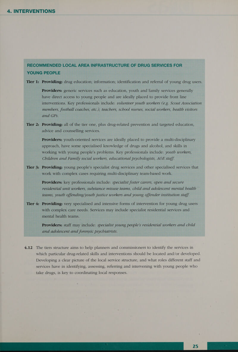 RECOMMENDED LOCAL AREA INFRASTRUCTURE OF DRUG SERVICES FOR YOUNG PEOPLE Tier 1: Providing: drug education; information; identification and referral of young drug users. Providers: generic services such as education, youth and tamily services generally have direct access to young people and are ideally placed to provide front line interventions. Key professionals include: volunteer youth workers (e.g. Scout Association members, football coaches, etc.), teachers, school nurses, social workers, health visitors and GPs. Tier 2: Providing: all of the tier one, plus drug-related prevention and targeted education, advice and counselling services. Providers: youth-oriented services are ideally placed to provide a multi-disciplinary approach, have some specialised knowledge of drugs and alcohol, and skills in working with young people’s problems. Key professionals include: youth workers, Children and Family social workers, educational psychologists, AGE staff. Tier 3: Providing: young people’s specialist drug services and other specialised services that work with complex cases requiring multi-disciplinary team-based work. Providers: key professionals include: specialist foster carers, open and secure residential unit workers, substance misuse teams, child and adolescent mental health — teams, youth offending/youth justice workers and young offender institution staff. Tier 4: Providing: very specialised and intensive forms of intervention for young drug users with complex care needs. Services may include specialist residential services and mental health teams. Providers: staff may include: specialist young people’s residential workers and child and adolescent and forensic psychiatrists. 4.12 The tiers structure aims to help planners and commissioners to identify the services in which particular drug-related skills and interventions should be located and/or developed. Developing a clear picture of the local service structure, and what roles different staff and services have in identifying, assessing, referring and intervening with young people who 