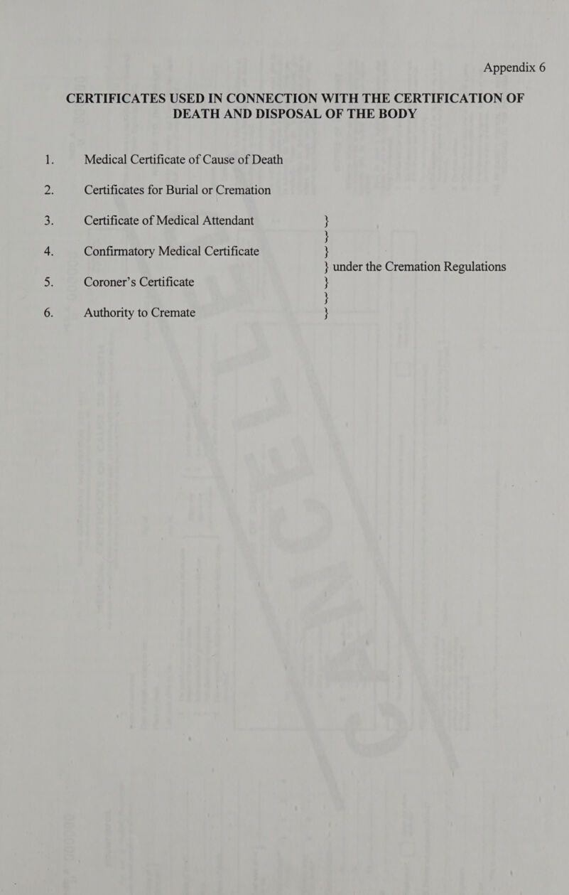 CERTIFICATES USED IN CONNECTION WITH THE CERTIFICATION OF DEATH AND DISPOSAL OF THE BODY Medical Certificate of Cause of Death Certificates for Burial or Cremation Certificate of Medical Attendant Confirmatory Medical Certificate under the Cremation Regulations Coroner’s Certificate Authority to Cremate