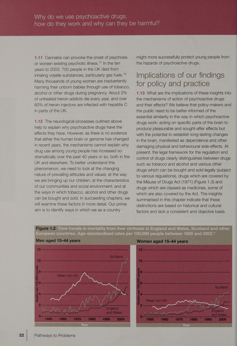 1.11. Cannabis can provoke the onset of psychosis or worsen existing psychotic illness. In the ten years to 2003, 700 people in the UK died from inhaling volatile substances, particularly gas fuels. '@ Many thousands of young women are inadvertently harming their unborn babies through use of tobacco, alcohol or other drugs during pregnancy. About 2% of untreated heroin addicts die every year, and over 60% of heroin injectors are infected with hepatitis C in parts of the UK. 1.12 The neurological processes outlined above help to explain why psychoactive drugs have the effects they have. However, as there is no evidence that either the human brain or genome has changed in recent years, the mechanisms cannot explain why drug use among young people has increased so dramatically over the past 40 years or so, both in the UK and elsewhere. To better understand this phenomenon, we need to look at the changing nature of prevailing attitudes and values; at the way we are bringing up our children; at the characteristics of Our communities and social environment; and at the ways in which tobacco, alcohol and other drugs can be bought and sold. In succeeding chapters, we will examine these factors in more detail. Our prime aim is to identify ways in which we as a country might more successfully protect young people from the hazards of psychoactive drugs. Implications of our findings for policy and practice 1.13 What are the implications of these insights into the mechanisms of action of psychoactive drugs and their effects? We believe that policy-makers and the public need to be better informed of the essential similarity in the way in which psychoactive drugs work: acting on specific parts of the brain to produce pleasurable and sought-after effects but with the potential to establish long-lasting changes in the brain, manifested as dependence and other damaging physical and behavioural side-effects. At present, the legal framework for the regulation and control of drugs clearly distinguishes between drugs such as tobacco and alcohol and various other drugs which can be bought and sold legally (subject to various regulations), drugs which are covered by the Misuse of Drugs Act (1971) (Figure 1.3) and drugs which are classed as medicines, some of which are also covered by the Act. The insights summarised in this chapter indicate that these distinctions are based on historical and cultural factors and lack a consistent and objective basis. 