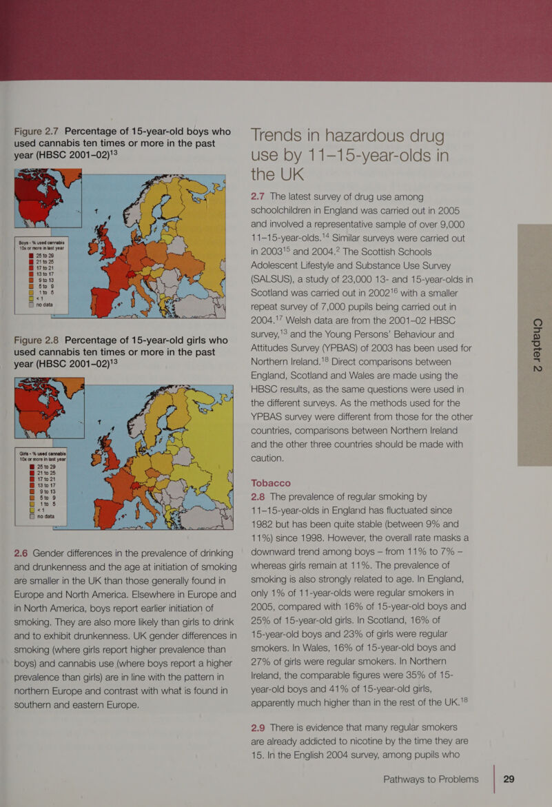  Figure 2.7 Percentage of 15-year-old boys who used cannabis ten times or more in the past year (HBSC 2001-02)'S Boys - % used cannabis 10x or more in last year  Figure 2.8 Percentage of 15-year-old girls who used cannabis ten times or more in the past year (HBSC 2001-02)'?  Girls - % used cannabis 10x or more in last year 2.6 Gender differences in the prevalence of drinking and drunkenness and the age at initiation of smoking are smaller in the UK than those generally found in Europe and North America. Elsewhere in Europe and in North America, boys report earlier initiation of smoking. They are also more likely than girls to drink and to exhibit drunkenness. UK gender differences in smoking (where girls report higher prevalence than boys) and cannabis use (where boys report a higher prevalence than girls) are in line with the pattern in northern Europe and contrast with what is found in southern and eastern Europe. Trends in hazardous drug use by 11-—15-year-olds in the UK 2.7 The latest survey of drug use among schoolchildren in England was carried out in 2005 and involved a representative sample of over 9,000 11-15-year-olds.'* Similar surveys were carried out in 2003'© and 2004. The Scottish Schools Adolescent Lifestyle and Substance Use Survey (SALSUS), a study of 23,000 13- and 15-year-olds in Scotland was carried out in 2002'® with a smaller repeat survey of 7,000 pupils being carried out in 2004.'” Welsh data are from the 2001-02 HBSC survey, '? and the Young Persons’ Behaviour and Attitudes Survey (YPBAS) of 2003 has been used for Northern lreland.'® Direct comparisons between England, Scotland and Wales are made using the HBSC results, as the same questions were used in the different surveys. As the methods used for the YPBAS survey were different from those for the other countries, comparisons between Northern Ireland and the other three countries should be made with caution. Tobacco 2.8 The prevalence of regular smoking by 11-15-year-olds in England has fluctuated since 1982 but has been quite stable (between 9% and 11%) since 1998. However, the overall rate masks a downward trend among boys — from 11% to 7% — whereas girls remain at 11%. The prevalence of smoking is also strongly related to age. In England, only 1% of 11-year-olds were regular smokers in 2005, compared with 16% of 15-year-old boys and 25% of 15-year-old girls. In Scotland, 16% of 15-year-old boys and 23% of girls were regular smokers. In Wales, 16% of 15-year-old boys and 27% of girls were regular smokers. In Northern lreland, the comparable figures were 35% of 15- year-old boys and 41% of 15-year-old girls, apparently much higher than in the rest of the UK.'® 2.9 There is evidence that many regular smokers are already addicted to nicotine by the time they are 15. In the English 2004 survey, among pupils who