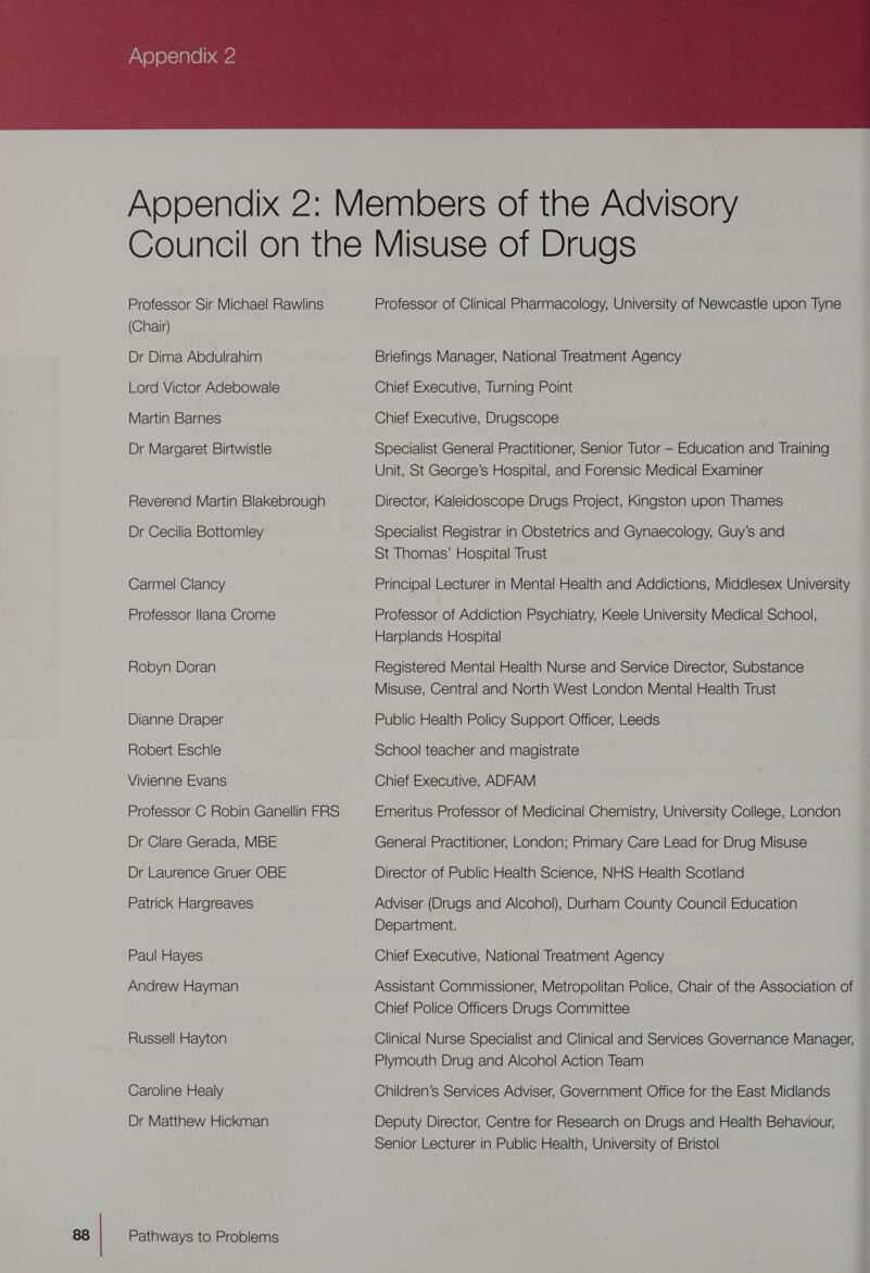  Appendix 2: Members of the Advisory Council on the Misuse of Drugs Professor Sir Michael Rawlins Professor of Clinical Pharmacology, University of Newcastle upon Tyne (Chair) Dr Dima Abdulrahim Briefings Manager, National Treatment Agency Lord Victor Adebowale Chief Executive, Turning Point Martin Barnes Chief Executive, Drugscope Dr Margaret Birtwistle Specialist General Practitioner, Senior Tutor — Education and Training Unit, St George’s Hospital, and Forensic Medical Examiner Reverend Martin Blakebrough Director, Kaleidoscope Drugs Project, Kingston upon Thames Dr Cecilia Bottomley Specialist Registrar in Obstetrics and Gynaecology, Guy’s and St Thomas’ Hospital Trust Carmel Clancy Principal Lecturer in Mental Health and Addictions, Middlesex University Professor Ilana Crome Professor of Addiction Psychiatry, Keele University Medical School, Harplands Hospital Robyn Doran Registered Mental Health Nurse and Service Director, Substance Misuse, Central and North West London Mental Health Trust Dianne Draper Public Health Policy Support Officer, Leeds Robert Eschle School teacher and magistrate Vivienne Evans Chief Executive, ADFAM Professor C Robin Ganellin FRS Emeritus Professor of Medicinal Chemistry, University College, London Dr Clare Gerada, MBE General Practitioner, London; Primary Care Lead for Drug Misuse Dr Laurence Gruer OBE Director of Public Health Science, NHS Health Scotland Patrick Hargreaves Adviser (Drugs and Alcohol), Durham County Council Education Department. Paul Hayes Chief Executive, National Treatment Agency Andrew Hayman Assistant Commissioner, Metropolitan Police, Chair of the Association of Chief Police Officers Drugs Committee Russell Hayton Clinical Nurse Specialist and Clinical and Services Governance Manager, Plymouth Drug and Alcohol Action Team Caroline Healy Children’s Services Adviser, Government Office for the East Midlands Dr Matthew Hickman Deputy Director, Centre for Research on Drugs and Health Behaviour, Senior Lecturer in Public Health, University of Bristol