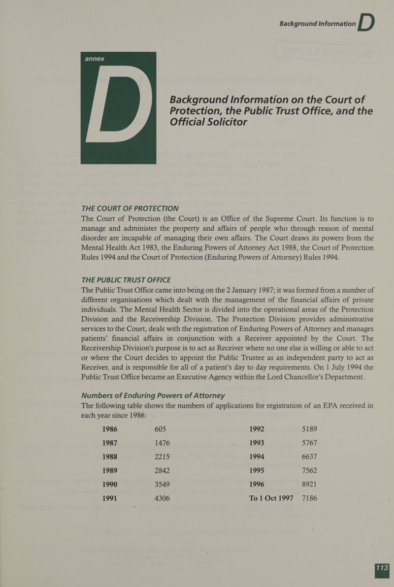 Background Information D Background Information on the Court of Protection, the Public Trust Office, and the Official Solicitor  THE COURT OF PROTECTION The Court of Protection (the Court) is an Office of the Supreme Court. Its function is to manage and administer the property and affairs of people who through reason of mental disorder are incapable of managing their own affairs. The Court draws its powers from the Mental Health Act 1983, the Enduring Powers of Attorney Act 1985, the Court of Protection Rules 1994 and the Court of Protection (Enduring Powers of Attorney) Rules 1994. THE PUBLIC TRUST OFFICE The Public Trust Office came into being on the 2 January 1987; it was formed from a number of different organisations which dealt with the management of the financial affairs of private individuals. The Mental Health Sector is divided into the operational areas of the Protection Division and the Receivership Division. The Protection Division provides administrative services to the Court, deals with the registration of Enduring Powers of Attorney and manages patients’ financial affairs in conjunction with a Receiver appointed by the Court. The Receivership Division’s purpose is to act as Receiver where no one else is willing or able to act or where the Court decides to appoint the Public Trustee as an independent party to act as Receiver, and is responsible for all of a patient’s day to day requirements. On 1 July 1994 the Public Trust Office became an Executive Agency within the Lord Chancellor’s Department. Numbers of Enduring Powers of Attorney The following table shows the numbers of applications for registration of an EPA received in each year since 1986: 1986 605 1992 5189 1987 1476 1993 5767 1988 Ppt he 1994 6637 1989 2842 1995 7562 1990 3549 1996 8921 1991 4306 To 1 Oct 1997 7186 