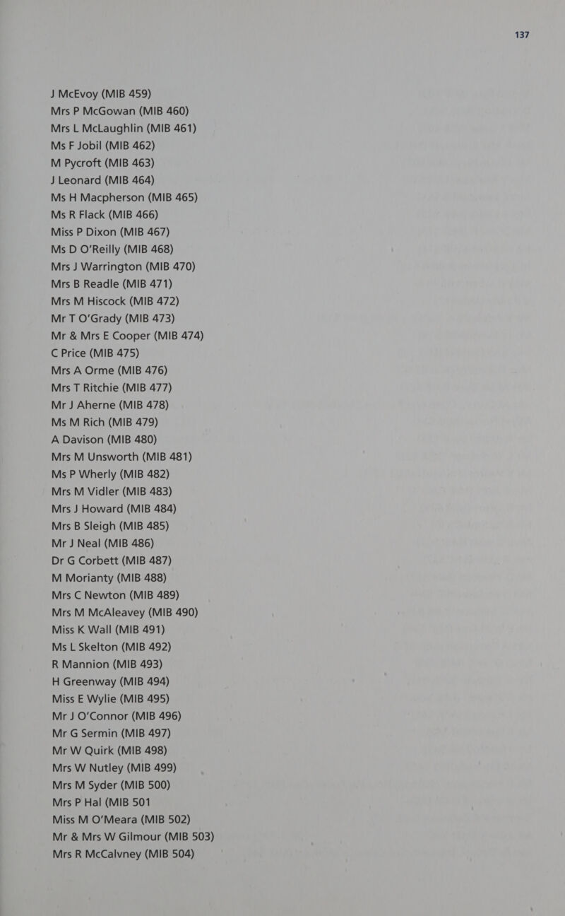 M Morianty (MIB 488) R Mannion (MIB 493) H Greenway (MIB 494) Miss E Wylie (MIB 495) Mr J O’Connor (MIB 496) Mr G Sermin (MIB 497) Mrs M Syder (MIB 500) Mrs P Hal (MIB 501 Miss M O'Meara (MIB 502) Mr &amp; Mrs W Gilmour (MIB 503) Mrs R McCalvney (MIB 504)