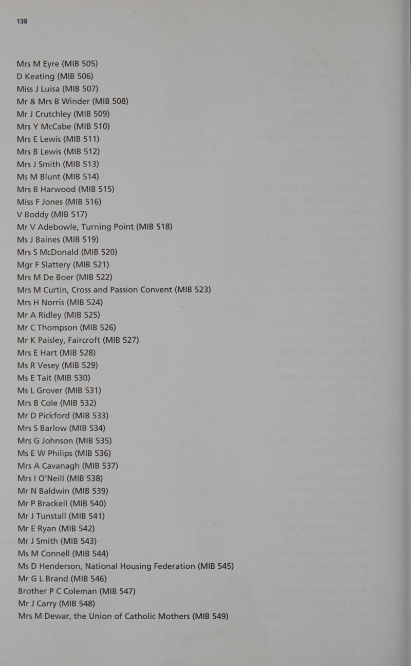 Mrs M Eyre (MIB 505) D Keating (MIB 506) Miss J Luisa (MIB 507) Mr &amp; Mrs B Winder (MIB 508) Mr J Crutchley (MIB 509) Mrs Y McCabe (MIB 510) Mrs E Lewis (MIB 511) Mrs B Lewis (MIB 512) Mrs J Smith (MIB 513) Ms M Blunt (MIB 514) Mrs B Harwood (MIB 515) Miss F Jones (MIB 516) V Boddy (MIB 517) Mr V Adebowle, Turning Point (MIB 518) Ms J Baines (MIB 519) Mrs S McDonald (MIB 520) Mor F Slattery (MIB 521) Mrs M De Boer (MIB 522) Mrs M Curtin, Cross and Passion Convent (MIB 523) Mrs H Norris (MIB 524) Mr A Ridley (MIB 525) Mr C Thompson (MIB 526) Mr K Paisley, Faircroft (MIB 527) Mrs E Hart (MIB 528) Ms R Vesey (MIB 529) Ms E Tait (MIB 530) Ms L Grover (MIB 531) Mrs B Cole (MIB 532) Mr D Pickford (MIB 533) Mrs S Barlow (MIB 534) Mrs G Johnson (MIB 535) Ms E W Philips (MIB 536) Mrs A Cavanagh (MIB 537) Mrs | O'Neill (MIB 538) Mr N Baldwin (MIB 539) Mr P Brackell (MIB 540) Mr J Tunstall (MIB 541) Mr E Ryan (MIB 542) Mr J Smith (MIB 543) Ms M Connell (MIB 544) Ms D Henderson, National Housing Federation (MIB 545) Mr G L Brand (MIB 546) Brother P C Coleman (MIB 547) Mr J Carry (MIB 548) Mrs M Dewar, the Union of Catholic Mothers (MIB 549)   