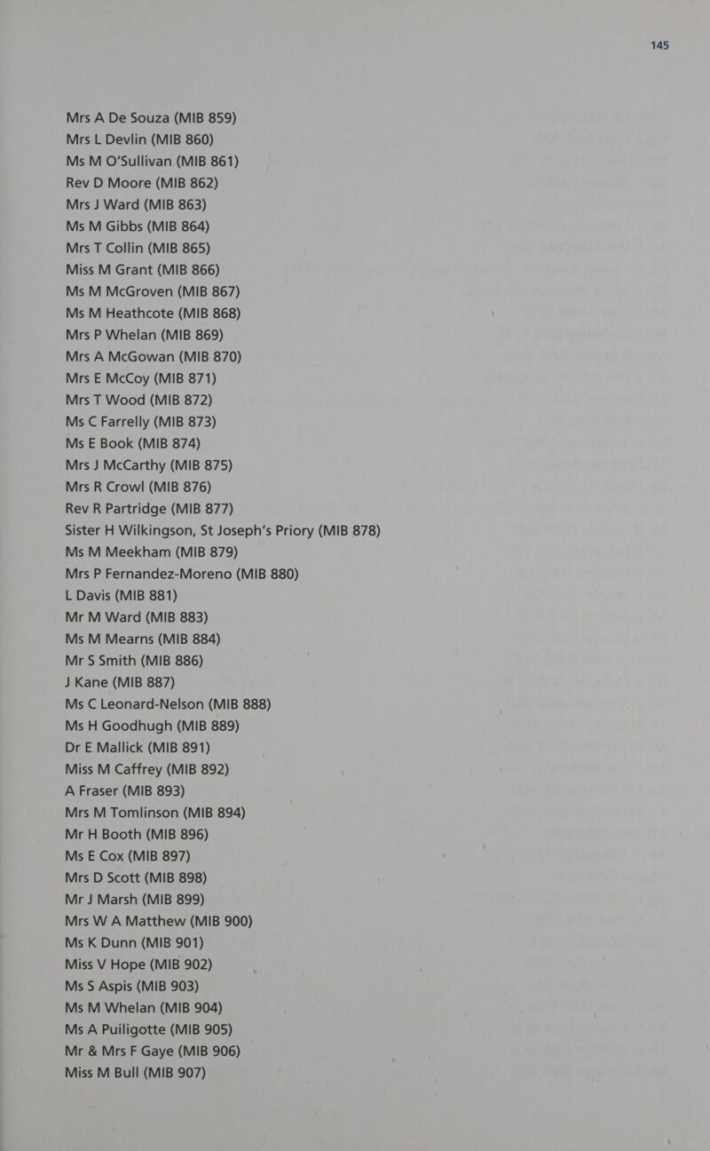 Sister H Wilkingson, St Joseph's Priory (MIB 878) Mrs P Fernandez-Moreno (MIB 880) Ms H Goodhugh (MIB 889) Dr E Mallick (MIB 891) Mr H Booth (MIB 896) Mrs W A Matthew (MIB 900) Ms K Dunn (MIB 901) Miss V Hope (MIB 902) Ms S Aspis (MIB 903) Ms M Whelan (MIB 904) Ms A Puiligotte (MIB 905) Mr &amp; Mrs F Gaye (MIB 906) Miss M Bull (MIB 907)