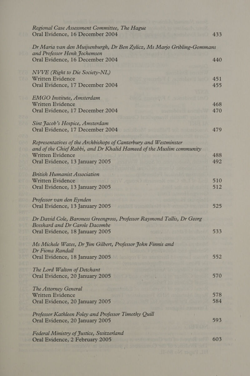 Regional Case Assessment Committee, The Hague Oral Evidence, 16 December 2004 433 and Professor Henk Fochemsen Oral Evidence, 16 December 2004 NVVE (Right to Die Soctety-NL) Written Evidence Oral Evidence, 17 December 2004 EMGO Institute, Amsterdam Written Evidence Oral Evidence, 17 December 2004 Sint Facob’s Hospice, Amsterdam Oral Evidence, 17 December 2004 Representatives of the Archbishops of Canterbury and Westminster and of the Chief Rabbi, and Dr Khalid Hameed of the Muslim community Written Evidence Oral Evidence, 13 January 2005 British Humanist Association Written Evidence Oral Evidence, 13 January 2005 Professor van den Eynden Oral Evidence, 13 January 2005 Dr David Cole, Baroness Greengross, Professor Raymond Tallis, Dr Georg Bosshard and Dr Carole Dacombe Oral Evidence, 18 January 2005 Ms Michele Wates, Dr Fim Gilbert, Professor fohn Finnis and Dr Fiona Randall Oral Evidence, 18 January 2005 The Lord Walton of Detchant Oral Evidence, 20 January 2005 The Attorney General Written Evidence Oral Evidence, 20 January 2005 Professor Kathleen Foley and Professor Timothy Quill Oral Evidence, 20 January 2005 Federal Ministry of Fustice, Switzerland Oral Evidence, 2 February 2005 440 451 455 468 470 479 488 492 510 512 525 %e Je) 552 570 578 584 593 603