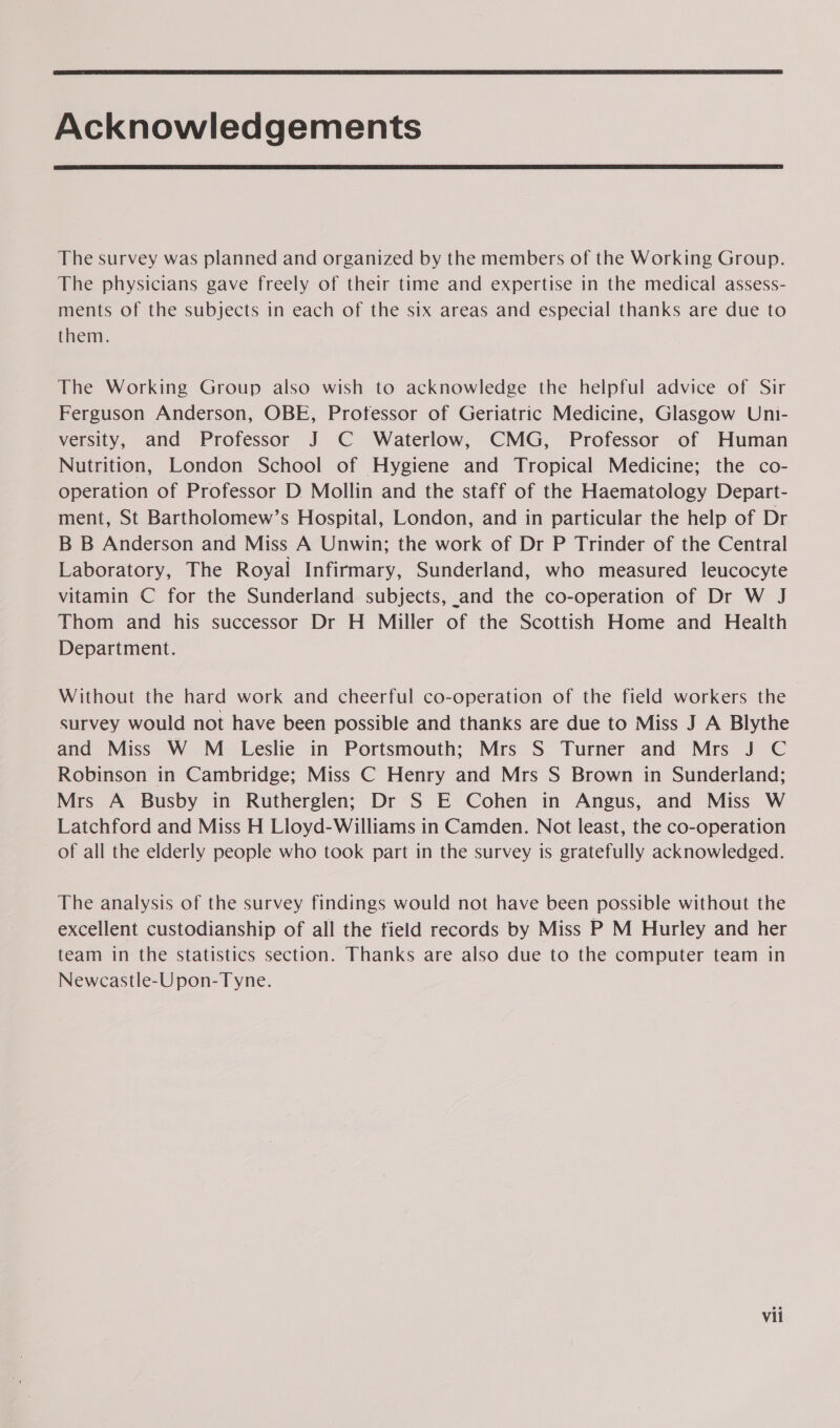  Acknowledgements  The survey was planned and organized by the members of the Working Group. The physicians gave freely of their time and expertise in the medical assess- ments of the subjects in each of the six areas and especial thanks are due to them. The Working Group also wish to acknowledge the helpful advice of Sir Ferguson Anderson, OBE, Protessor of Geriatric Medicine, Glasgow Uni- versity, and Professor J C Waterlow, CMG, Professor of Human Nutrition, London School of Hygiene and Tropical Medicine; the co- operation of Professor D Mollin and the staff of the Haematology Depart- ment, St Bartholomew’s Hospital, London, and in particular the help of Dr B B Anderson and Miss A Unwin; the work of Dr P Trinder of the Central Laboratory, The Royal Infirmary, Sunderland, who measured leucocyte vitamin C for the Sunderland subjects, and the co-operation of Dr W J Thom and his successor Dr H Miller of the Scottish Home and Health Department. Without the hard work and cheerful co-operation of the field workers the survey would not have been possible and thanks are due to Miss J A Blythe and Miss W M Leslie in Portsmouth; Mrs S Turner and Mrs J C Robinson in Cambridge; Miss C Henry and Mrs S Brown in Sunderland; Mrs A Busby in Rutherglen; Dr S E Cohen in Angus, and Miss W Latchford and Miss H Lloyd-Williams in Camden. Not least, the co-operation of all the elderly people who took part in the survey is gratefully acknowledged. The analysis of the survey findings would not have been possible without the excellent custodianship of all the field records by Miss P M Hurley and her team in the statistics section. Thanks are also due to the computer team in Newcastle-Upon-Tyne. Vil