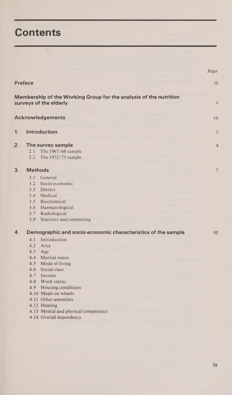  Contents  Page Preface ili Membership of the Working Group for the analysis of the nutrition surveys of the elderly V Acknowledgements | vii oo} Introduction — 'N The survey sample 4 2.1 The 1967/68 sample 2.2 The 1972/73 sample 3. Methods | 3 3:1 + General 3.2 Socio-economic 3.3 Dietary 3.4 Medical . 3.5 Biochemical 3.6 Haematological 3.7 Radiological 3.8 Statistics and computing 4. Demographic and socio-economic characteristics of the sample 10 4.1 Introduction 4.2 Area 4.3 Age 4.4 Marital status 4.5 Mode of living 4.6 Social class 4.7 Income 4.8 Work status 4.9 Housing conditions 4.10 Meals on wheels 4.11 Other amenities 4.12 Heating 4.13 Mental and physical competence 4.14 Overall dependency