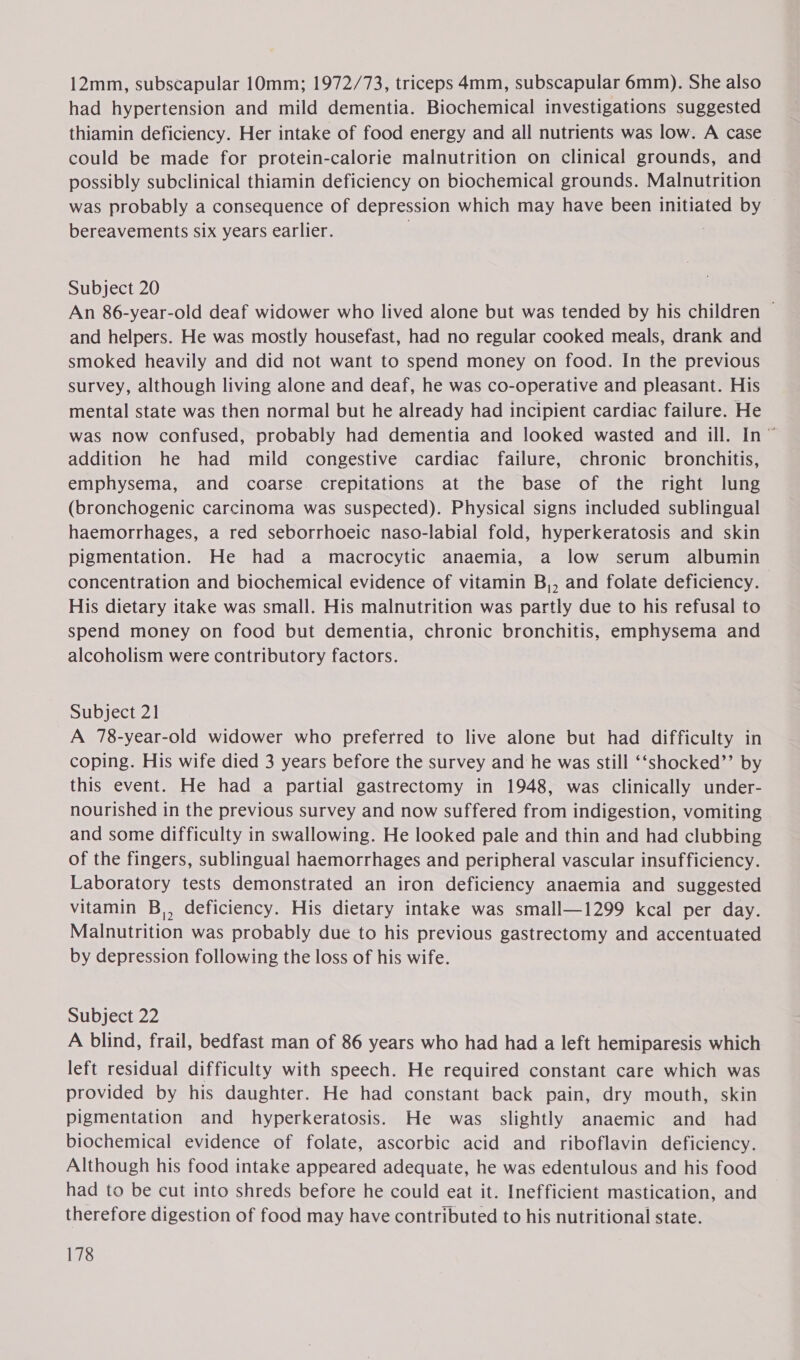 12mm, subscapular 10mm; 1972/73, triceps 4mm, subscapular 6mm). She also had hypertension and mild dementia. Biochemical investigations suggested thiamin deficiency. Her intake of food energy and all nutrients was low. A case could be made for protein-calorie malnutrition on clinical grounds, and possibly subclinical thiamin deficiency on biochemical grounds. Malnutrition was probably a consequence of depression which may have been initiated by bereavements six years earlier. Subject 20 An 86-year-old deaf widower who lived alone but was tended by his children ~ and helpers. He was mostly housefast, had no regular cooked meals, drank and smoked heavily and did not want to spend money on food. In the previous survey, although living alone and deaf, he was co-operative and pleasant. His mental state was then normal but he already had incipient cardiac failure. He was now confused, probably had dementia and looked wasted and ill. In ~ addition he had mild congestive cardiac failure, chronic bronchitis, emphysema, and coarse crepitations at the base of the right lung (bronchogenic carcinoma was suspected). Physical signs included sublingual haemorrhages, a red seborrhoeic naso-labial fold, hyperkeratosis and skin pigmentation. He had a macrocytic anaemia, a low serum albumin concentration and biochemical evidence of vitamin B,, and folate deficiency. His dietary itake was small. His malnutrition was partly due to his refusal to spend money on food but dementia, chronic bronchitis, emphysema and alcoholism were contributory factors. Subject 21 A 78-year-old widower who preferred to live alone but had difficulty in coping. His wife died 3 years before the survey and he was still ‘‘shocked’’ by this event. He had a partial gastrectomy in 1948, was clinically under- nourished in the previous survey and now suffered from indigestion, vomiting and some difficulty in swallowing. He looked pale and thin and had clubbing of the fingers, sublingual haemorrhages and peripheral vascular insufficiency. Laboratory tests demonstrated an iron deficiency anaemia and suggested vitamin B,, deficiency. His dietary intake was small—1299 kcal per day. Malnutrition was probably due to his previous gastrectomy and accentuated by depression following the loss of his wife. Subject 22 A blind, frail, bedfast man of 86 years who had had a left hemiparesis which left residual difficulty with speech. He required constant care which was provided by his daughter. He had constant back pain, dry mouth, skin pigmentation and hyperkeratosis. He was slightly anaemic and _ had biochemical evidence of folate, ascorbic acid and riboflavin deficiency. Although his food intake appeared adequate, he was edentulous and his food had to be cut into shreds before he could eat it. Inefficient mastication, and therefore digestion of food may have contributed to his nutritional state.