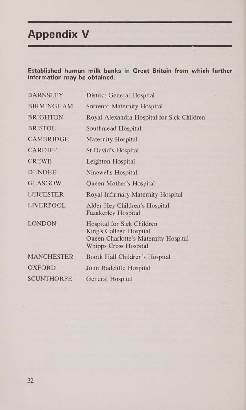   BARNSLEY BIRMINGHAM BRIGHTON BRISTOL CAMBRIDGE CARDIFF CREWE DUNDEE GLASGOW ERIGESTER LIVERPOOL LONDON MANCHESTER OXFORD SCUNTHORPE District General Hospital Sorrento Maternity Hospital Royal Alexandra Hospital for Sick Children Southmead Hospital Maternity Hospital St David’s Hospital Leighton Hospital Ninewells Hospital Queen Mother’s Hospital Royal Infirmary Maternity Hospital Alder Hey Children’s Hospital Fazakerley Hospital Hospital for Sick Children King’s College Hospital Queen Charlotte’s Maternity Hospital Whipps Cross Hospital | Booth Hall Children’s Hospital John Radcliffe Hospital General Hospital