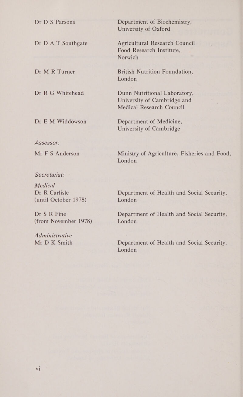 Dr D S Parsons Dr D A T Southgate Dr M R Turner Dr R G Whitehead Dr E M Widdowson Assessor: Mr F S Anderson Secretariat: Medical Dr R Carlisle (until October 1978) Dr S R Fine (from November 1978) Administrative Mr D K Smith vi Department of Biochemistry, University of Oxford Agricultural Research Council Norwich British Nutrition Foundation, London Dunn Nutritional Laboratory, University of Cambridge and Medical Research Council Department of Medicine, University of Cambridge Ministry of Agriculture, Fisheries and Food, London Department of Health and Social Security, London Department of Health and Social Security, London Department of Health and Social Security, London