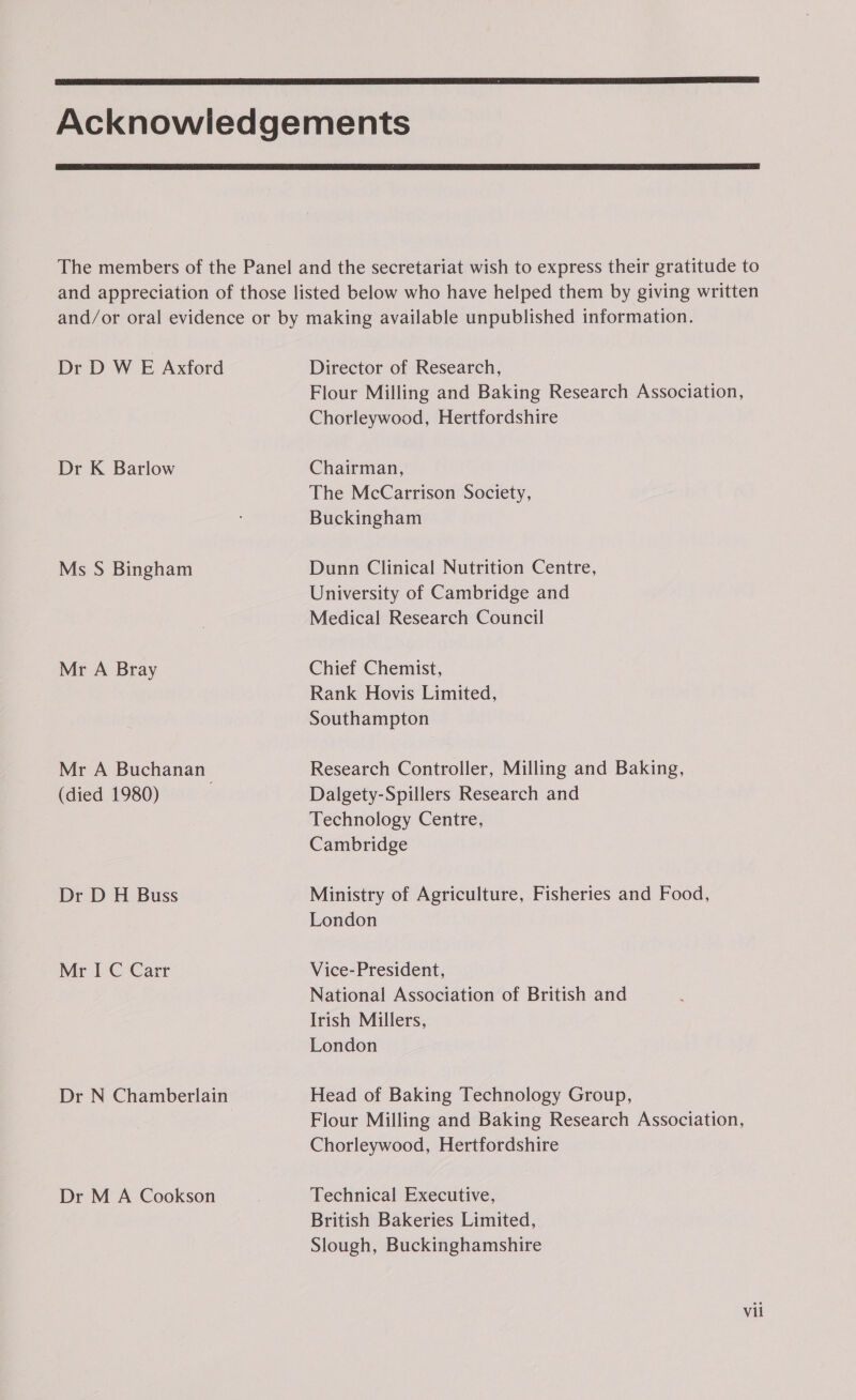   Dr D W E Axford Dr K Barlow Ms S Bingham Mr A Bray Mr A Buchanan (died 1980) Dr D H Buss Mr I C Carr Dr M A Cookson Director of Research, Flour Milling and Baking Research Association, Chorleywood, Hertfordshire Chairman, The McCarrison Society, Buckingham Dunn Clinical Nutrition Centre, University of Cambridge and Medical Research Council Chief Chemist, Rank Hovis Limited, Southampton Research Controller, Milling and Baking, Dalgety-Spillers Research and Technology Centre, Cambridge Ministry of Agriculture, Fisheries and Food, London Vice-President, National Association of British and Irish Millers, London Head of Baking Technology Group, Flour Milling and Baking Research Association, Chorleywood, Hertfordshire Technical Executive, British Bakeries Limited, Slough, Buckinghamshire