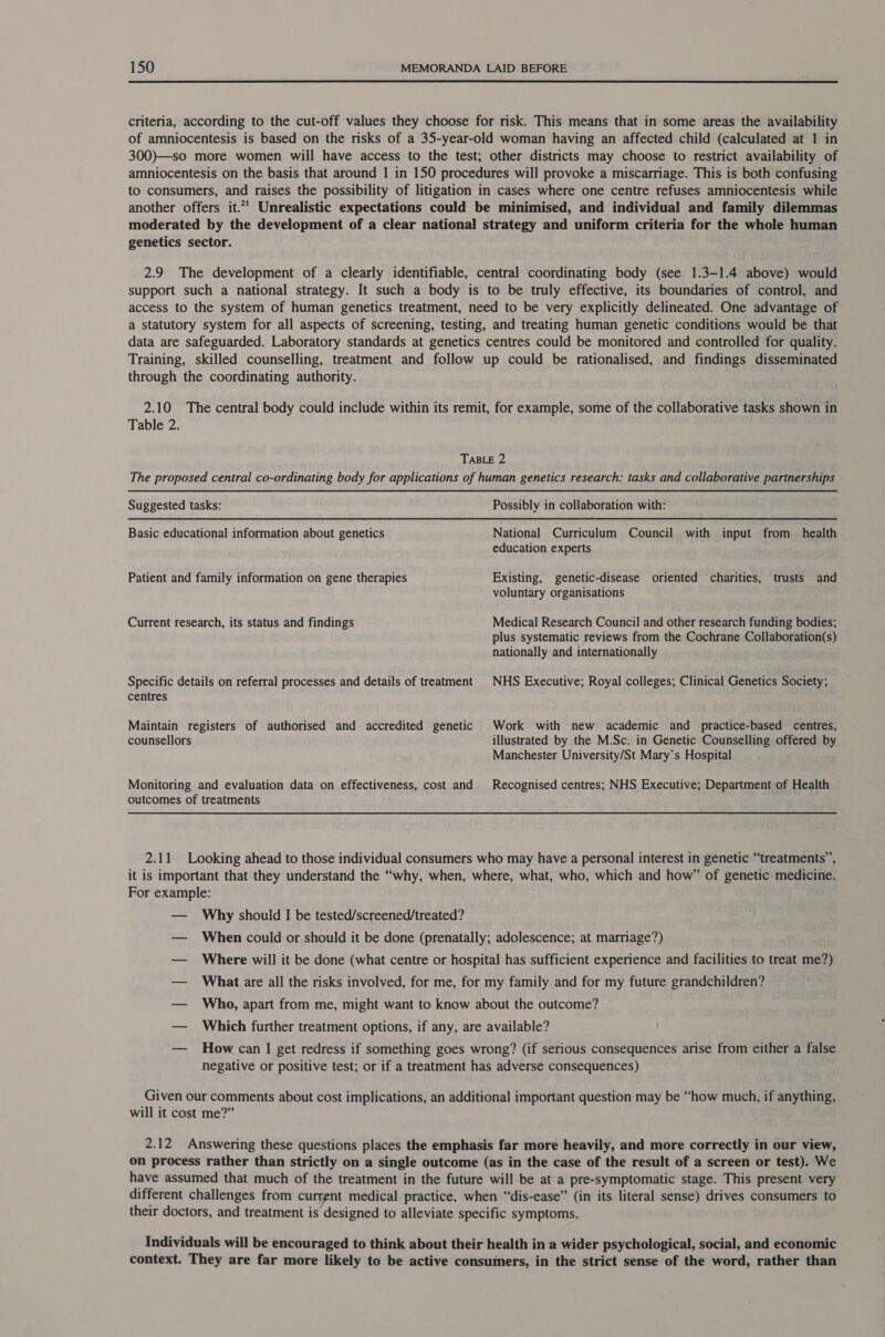  criteria, according to the cut-off values they choose for risk. This means that in some areas the availability of amniocentesis is based on the risks of a 35-year-old woman having an affected child (calculated at 1 in 300)—so more women will have access to the test; other districts may choose to restrict availability of amniocentesis on the basis that around 1 in 150 procedures will provoke a miscarriage. This is both confusing to consumers, and raises the possibility of litigation in cases where one centre refuses amniocentesis while another offers it.’ Unrealistic expectations could be minimised, and individual and family dilemmas moderated by the development of a clear national strategy and uniform criteria for the whole human genetics sector. 2.9 The development of a clearly identifiable, central coordinating body (see 1.3-1.4 above) would support such a national strategy. It such a body is to be truly effective, its boundaries of control, and access to the system of human genetics treatment, need to be very explicitly delineated. One advantage of a statutory system for all aspects of screening, testing, and treating human genetic conditions would be that data are safeguarded. Laboratory standards at genetics centres could be monitored and controlled for quality. Training, skilled counselling, treatment and follow up could be rationalised, and findings disseminated through the coordinating authority. 2.10 The central body could include within its remit, for example, some of the collaborative tasks shown in Table 2. TABLE 2 The proposed central co-ordinating body for applications of human genetics research: tasks and collaborative partnerships Suggested tasks: Possibly in collaboration with: National Curriculum Council with education experts Basic educational information about genetics input from health Patient and family information on gene therapies Existing, genetic-disease oriented charities, trusts and voluntary organisations Current research, its status and findings Medical Research Council and other research funding bodies; plus systematic reviews from the Cochrane Collaboration(s) nationally and internationally Specific details on referral processes and details of treatment centres Maintain registers of authorised and accredited genetic counsellors Monitoring and evaluation data on effectiveness, cost and outcomes of treatments 2.11 NHS Executive; Royal colleges; Clinical Genetics Society; Work with new academic and practice-based centres, illustrated by the M.Sc. in Genetic Counselling offered by Manchester University/St Mary’s Hospital Recognised centres; NHS Executive; Department of Health it is important that they understand the “why, when, where, what, who, which and how” of genetic medicine. For example: — Why should I be tested/screened/treated? — When could or should it be done (prenatally; adolescence; at marriage?) — Where will it be done (what centre or hospital has sufficient experience and facilities to treat me?) — What are all the risks involved, for me, for my family and for my future grandchildren? — Who, apart from me, might want to know about the outcome? — Which further treatment options, if any, are available? — How can I get redress if something goes wrong? (if serious consequences arise from either a false negative or positive test; or if a treatment has adverse consequences) Given our comments about cost implications, an additional important question may be “how much, if anything, will it cost me?” 2.12 Answering these questions places the emphasis far more heavily, and more correctly in our view, on process rather than strictly on a single outcome (as in the case of the result of a screen or test). We have assumed that much of the treatment in the future will be at a pre-symptomatic stage. This present very different challenges from currgnt medical practice, when “dis-ease” (in its literal sense) drives consumers to their doctors, and treatment is designed to alleviate specific symptoms. Individuals will be encouraged to think about their health in a wider psychological, social, and economic context. They are far more likely to be active consumers, in the strict sense of the word, rather than