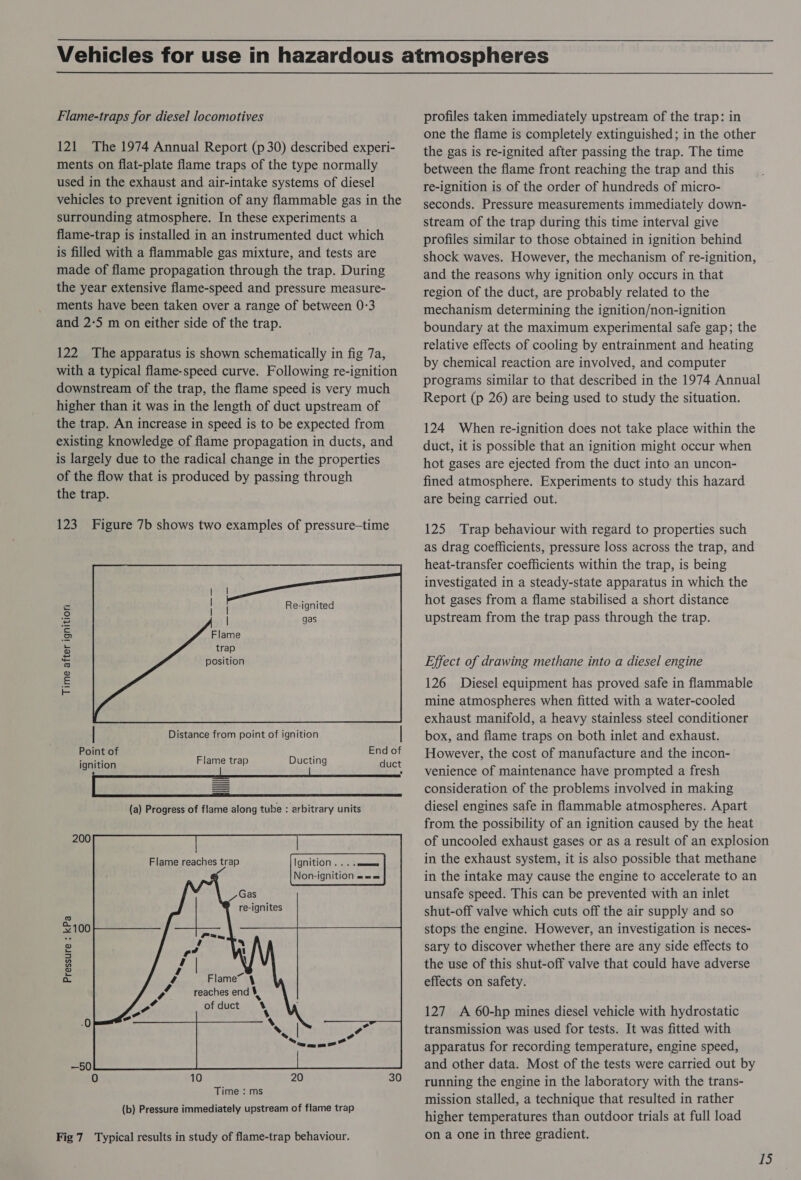 Flame-traps for diesel locomotives 121 The 1974 Annual Report (p30) described experi- ments on flat-plate flame traps of the type normally used in the exhaust and air-intake systems of diesel vehicles to prevent ignition of any flammable gas in the surrounding atmosphere. In these experiments a flame-trap is installed in an instrumented duct which is filled with a flammable gas mixture, and tests are made of flame propagation through the trap. During the year extensive flame-speed and pressure measure- ments have been taken over a range of between 0-3 and 2:5 m on either side of the trap. 122 The apparatus is shown schematically in fig 7a, with a typical flame-speed curve. Following re-ignition downstream of the trap, the flame speed is very much higher than it was in the length of duct upstream of the trap. An increase in speed is to be expected from existing knowledge of flame propagation in ducts, and is largely due to the radical change in the properties of the flow that is produced by passing through the trap. 123 Figure 7b shows two examples of pressure—time re Re-ignited re) aS gas 5S Flame ro trap = position ® £ kK | Distance from point of ignition | Point of / End of ignition Flame trap Ducting duct (a) Progress of flame along tube : arbitrary units 200 oOo 2100 2 rp] a = - oa Flame reaches end 8 0 —50 (b) Pressure immediately upstream of flame trap Fig 7 Typical results in study of flame-trap behaviour.   profiles taken immediately upstream of the trap: in one the flame is completely extinguished; in the other the gas is re-ignited after passing the trap. The time between the flame front reaching the trap and this re-ignition is of the order of hundreds of micro- seconds. Pressure measurements immediately down- stream of the trap during this time interval give profiles similar to those obtained in ignition behind shock waves. However, the mechanism of re-ignition, and the reasons why ignition only occurs in that region of the duct, are probably related to the mechanism determining the ignition/non-ignition boundary at the maximum experimental safe gap; the relative effects of cooling by entrainment and heating by chemical reaction are involved, and computer programs similar to that described in the 1974 Annual Report (p 26) are being used to study the situation. 124 When re-ignition does not take place within the duct, it is possible that an ignition might occur when hot gases are ejected from the duct into an uncon- fined atmosphere. Experiments to study this hazard are being carried out. 125 Trap behaviour with regard to properties such as drag coefficients, pressure loss across the trap, and heat-transfer coefficients within the trap, is being investigated in a steady-state apparatus in which the hot gases from a flame stabilised a short distance upstream from the trap pass through the trap. Effect of drawing methane into a diesel engine 126 Diesel equipment has proved safe in flammable mine atmospheres when fitted with a water-cooled exhaust manifold, a heavy stainless steel conditioner box, and flame traps on both inlet and exhaust. However, the cost of manufacture and the incon- venience of maintenance have prompted a fresh consideration of the problems involved in making diesel engines safe in flammable atmospheres. Apart from the possibility of an ignition caused by the heat of uncooled exhaust gases or as a result of an explosion in the exhaust system, it is also possible that methane in the intake may cause the engine to accelerate to an unsafe speed. This can be prevented with an inlet shut-off valve which cuts off the air supply and so stops the engine. However, an investigation is neces- sary to discover whether there are any side effects to the use of this shut-off valve that could have adverse effects on safety. 127 A 60-hp mines diesel vehicle with hydrostatic transmission was used for tests. It was fitted with apparatus for recording temperature, engine speed, and other data. Most of the tests were carried out by running the engine in the laboratory with the trans- mission stalled, a technique that resulted in rather higher temperatures than outdoor trials at full load on a one in three gradient.