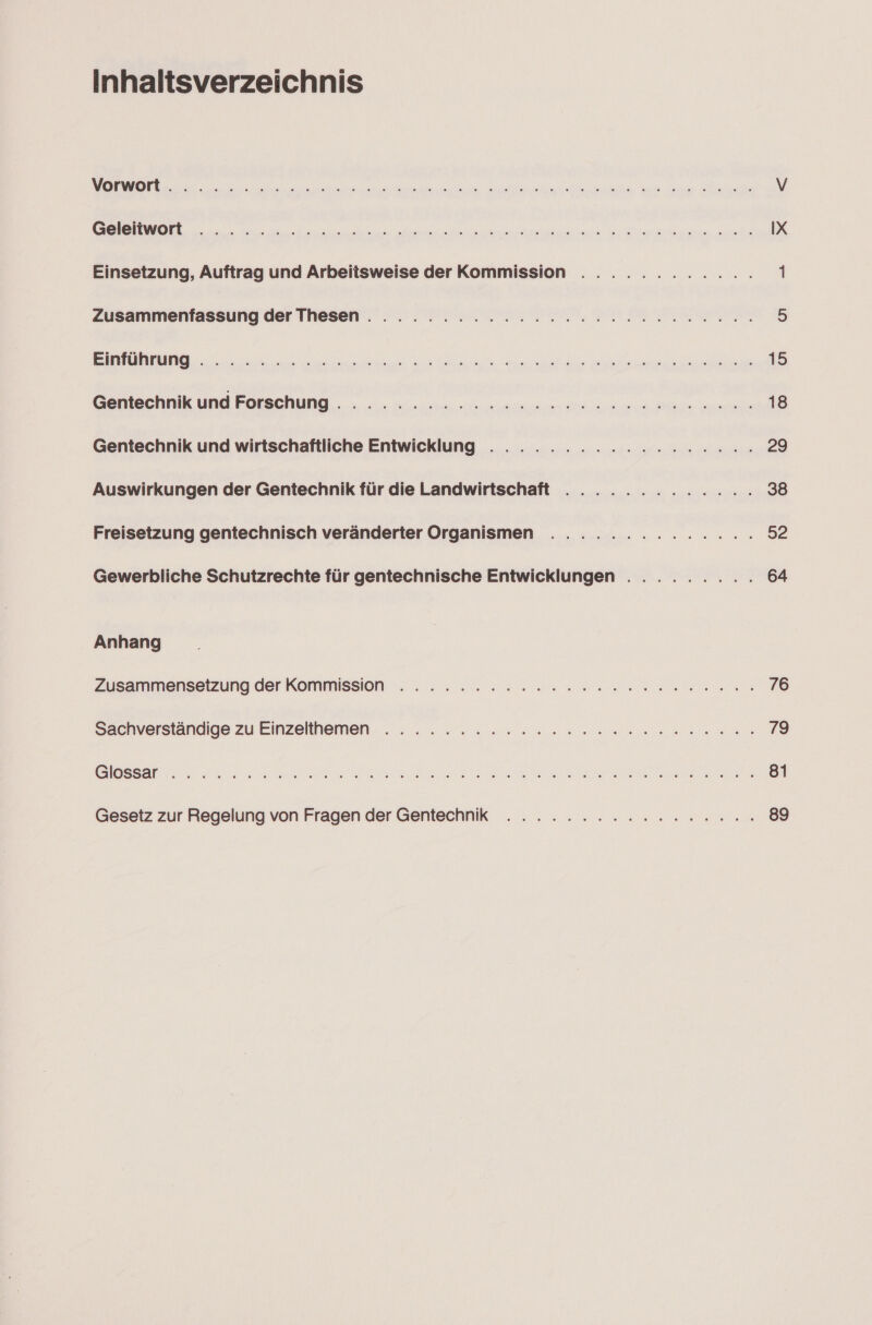 Inhaltsverzeichnis a Sl a a allen dire u a ee ra ae a Fat V EEE 2 nen ie a ke 2 a pe IX Einsetzung, Auftrag und Arbeitsweise der Kommission . ........... 1 Zussnmehiassuig Ber TBasen.: 2. 2 EN TI FIIR 5 a 15 Gentechnik und Forsehung . : ... 4... en. ano Don ade Bine somit 18 Gentechnik und wirtschaftliche Entwicklung . .......: 222200. 29 Auswirkungen der Gentechnik für dieLandwirtschaft ............. 38 Freisetzung gentechnisch veränderter Organismen .............. 52 Gewerbliche Schutzrechte für gentechnische Entwicklungen . ........ 64 Anhang Zusammensetzung der Kommission . :. 2. 2. wann ar een 76 Sachverständige zu Einzellhemen-. : - ...: =» ==... eu. onen. 79 ae ae ee ee a SR Va 81 Gesetz zur Regelung von Fragen der Gentechnik ...... 2222er. 89