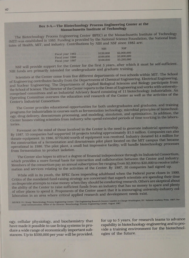 Operating Conn nitte Genjers Indus ue By 1987, 15 5 companies had sup; oe &gt; 70, SOURCE: DI. Wang, conned Process E 1eering C sonal Gee Office Y the Director iot ogy, cellular physiology, and biochemistry that have made it possible to use living systems to pro- duce a wide range of economically important sub- stances. Up to $500,000 per year will be provided,  for up to 5 years, for research teams to advance capability in biotechnology engineering and to pro- vide a training environment for the biotechnol- ogies of the future.