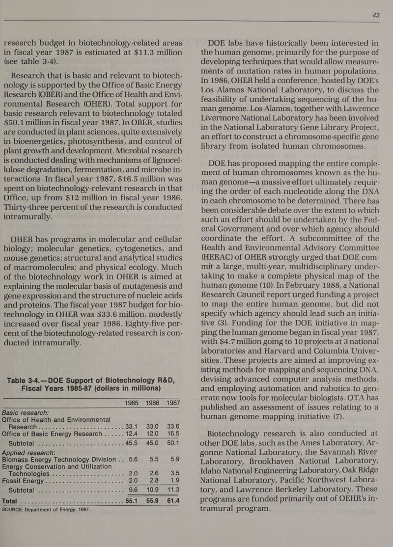  research budget in biotechnology-related areas in fiscal year 1987 is estimated at $11.3 million (see table 3-4). Research that is basic and relevant to biotech- nology is supported by the Office of Basic Energy Research (OBER) and the Office of Health and Envi- ronmental Research (OHER). Total support for basic research relevant to biotechnology totaled $50.1 million in fiscal year 1987. In OBER, studies are conducted in plant sciences, quite extensively in bioenergetics, photosynthesis, and control of plant growth and development. Microbial research is conducted dealing with mechanisms of lignocel- lulose degradation, fermentation, and microbe in- teractions. In fiscal year 1987, $16.5 million was spent on biotechnology-relevant research in that Office, up from $12 million in fiscal year 1986. Thirty-three percent of the research is conducted intramurally. OHER has programs in molecular and cellular biology; molecular genetics, cytogenetics, and mouse genetics; structural and analytical studies of macromolecules; and physical ecology. Much of the biotechnology work in OHER is aimed at explaining the molecular basis of mutagenesis and gene expression and the structure of nucleic acids technology in OHER was $33.6 million, modestly ducted intramurally. Table 3-4.—DOE Support of Biotechnology R&amp;D, Fiscal Years 1985-87 (dollars in millions) 1985 1986 1987 Basic research: Office of Health and Environmental (Usher ih iE ra 33.1 33.0 33.6 Office of Basic Energy Research...... 12.49 \12000516.5 PITOUAIEE SATII MR ice hE Geis aie le ce We 45.5 45.0 50.1 Applied research: Biomass Energy Technology Division... 5.6 5.5 5.9 Energy Conservation and Utilization STM UPUNGS) Me kk ik wile las xed e ak es 2.0 2.6 3.5 EIT OW Cw ilnte wcdnjsid.s ws se 4p = ores 2.0 2.8 1.9 BREST Sebi obs ed Banvasvis Some i nue, = 2ykcd 9.6 10.9 11.3 NS ae oe eee ee 55.1 55.9 61.4 SOURCE: Department of Energy, 1987. DOE labs have historically been interested in the human genome, primarily for the purpose of developing techniques that would allow measure- ments of mutation rates in human populations. In 1986, OHER held a conference, hosted by DOE's Los Alamos National Laboratory, to discuss the feasibility of undertaking sequencing of the hu- man genome. Los Alamos, together with Lawrence Livermore National Laboratory has been involved in the National Laboratory Gene Library Project, an effort to construct a chromosome-specific gene library from isolated human chromosomes. DOE has proposed mapping the entire comple- ment of human chromosomes known as the hu- man genome—a massive effort ultimately requir- ing the order of each nucleotide along the DNA in each chromosome to be determined. There has been considerable debate over the extent to which such an effort should be undertaken by the Fed- eral Government and over which agency should coordinate the effort. A subcommittee of the Health and Environmental Advisory Committee (HERAC) of OHER strongly urged that DOE com- mit a large, multi-year, multidisciplinary under- taking to make a complete physical map of the human genome (10). In February 1988, a National Research Council report urged funding a project to map the entire human genome, but did not specify which agency should lead such an initia- tive (3). Funding for the DOE initiative in map- ping the human genome began in fiscal year 1987, with $4.7 million going to 10 projects at 3 national laboratories and Harvard and Columbia Univer- sities. These projects are aimed at improving ex- isting methods for mapping and sequencing DNA, devising advanced computer analysis methods, and employing automation and robotics to gen- erate new tools for molecular biologists. OTA has published an assessment of issues relating to a human genome mapping initiative (7). Biotechnology research is also conducted at other DOE labs, such as the Ames Laboratory, Ar- gonne National Laboratory, the Savannah River Laboratory, Brookhaven National Laboratory, Idaho National Engineering Laboratory, Oak Ridge National Laboratory, Pacific Northwest Labora- tory, and Lawrence Berkeley Laboratory. These programs are funded primarily out of OEHR’s in- tramural program.